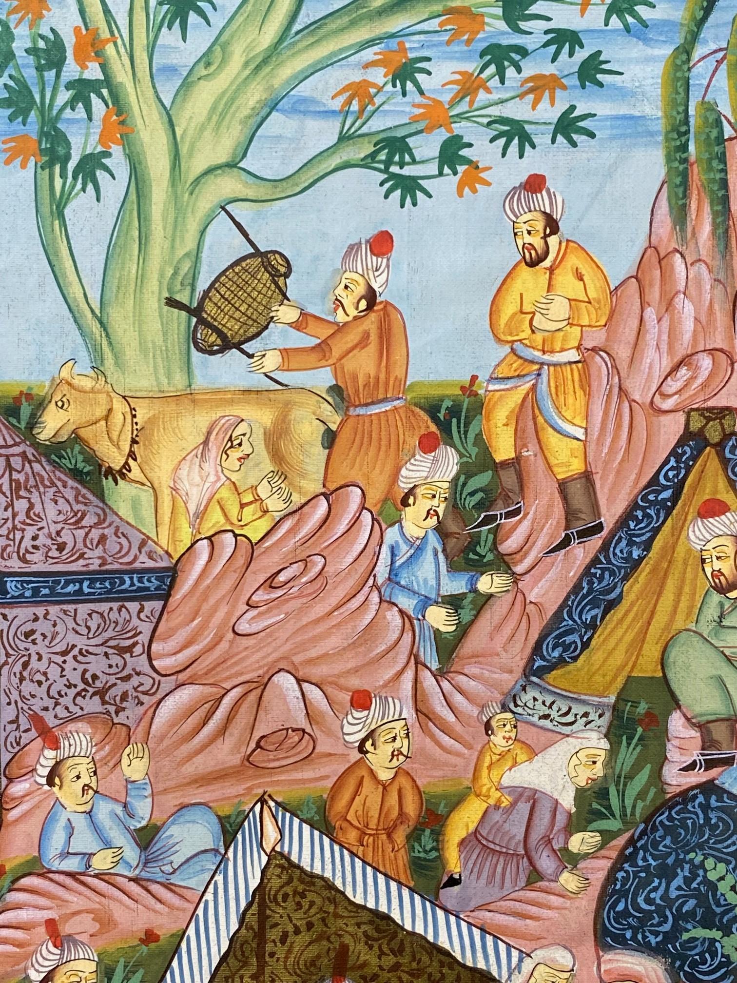 Peint à la main Peinture miniature signée du sud de l'Inde, Rajasthan, scène de village dans le désert en vente