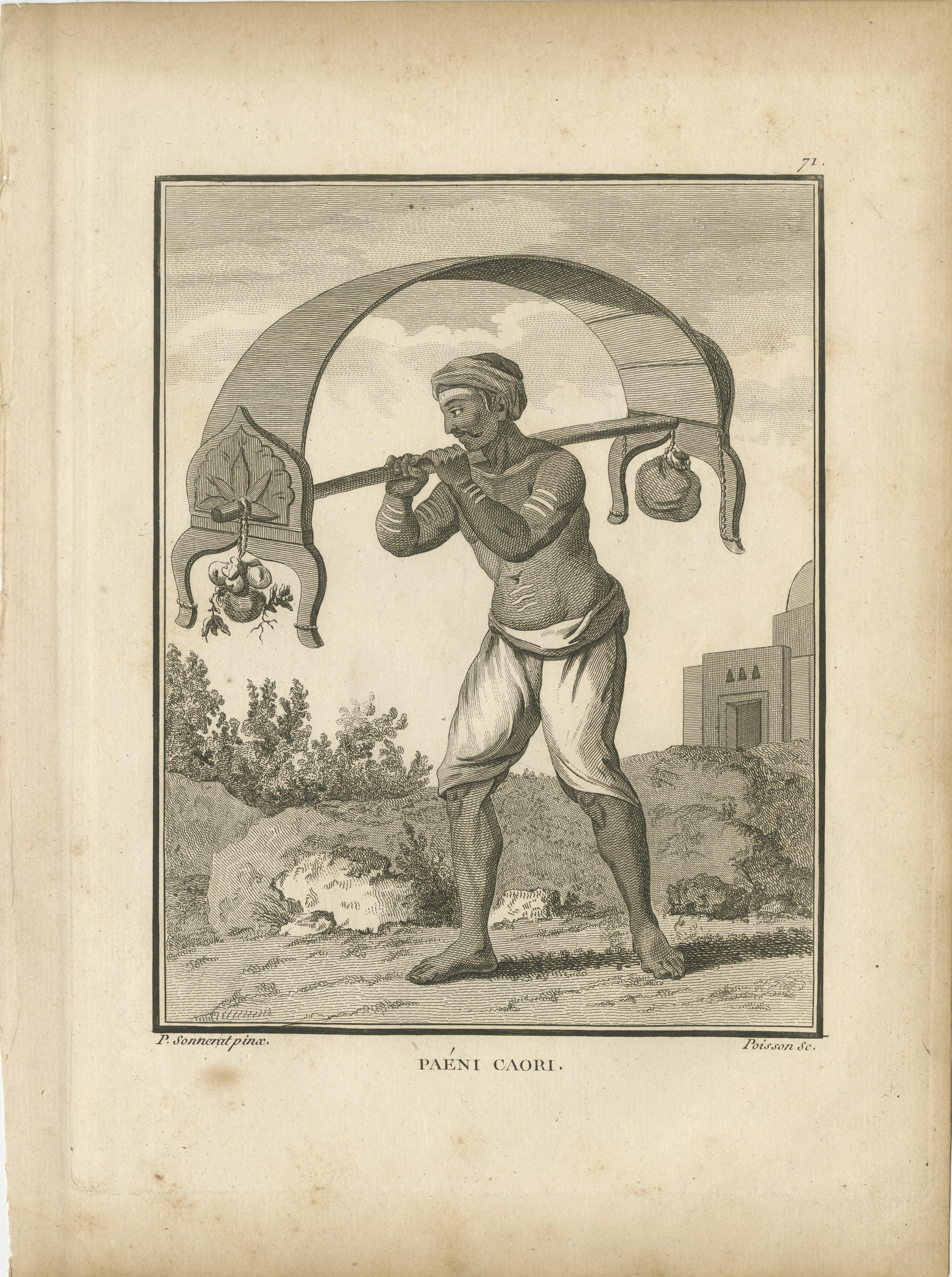 Titre : Les travailleurs de l'Inde du Sud transportant des marchandises - Paëni Caori et Cachi Caori, 1806

Cette gravure jumelée présente deux représentations détaillées de travailleurs de l'Inde du Sud transportant des marchandises à l'aide des
