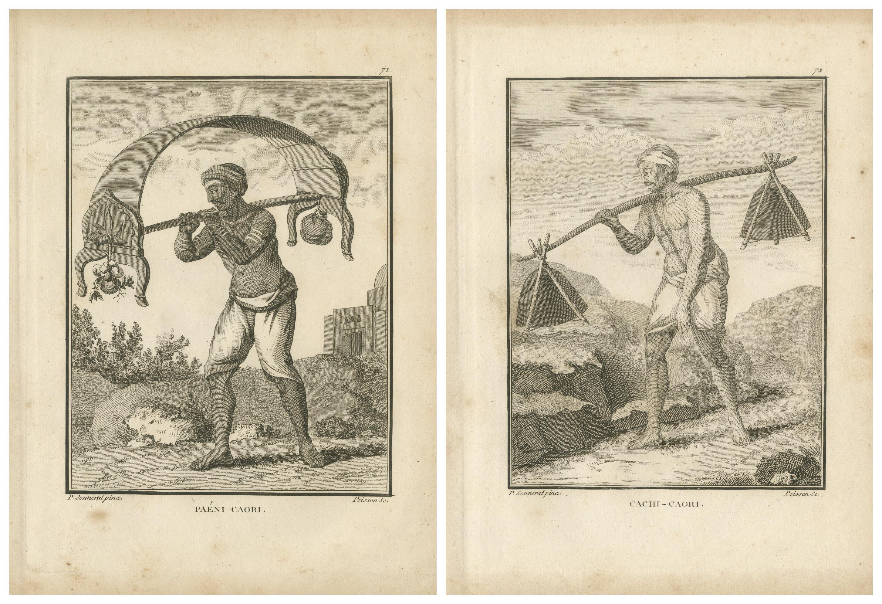 Gravé Travailleurs indiens du Sud transportant des marchandises - Paëni Caori et Cachi Caori, 1806 en vente