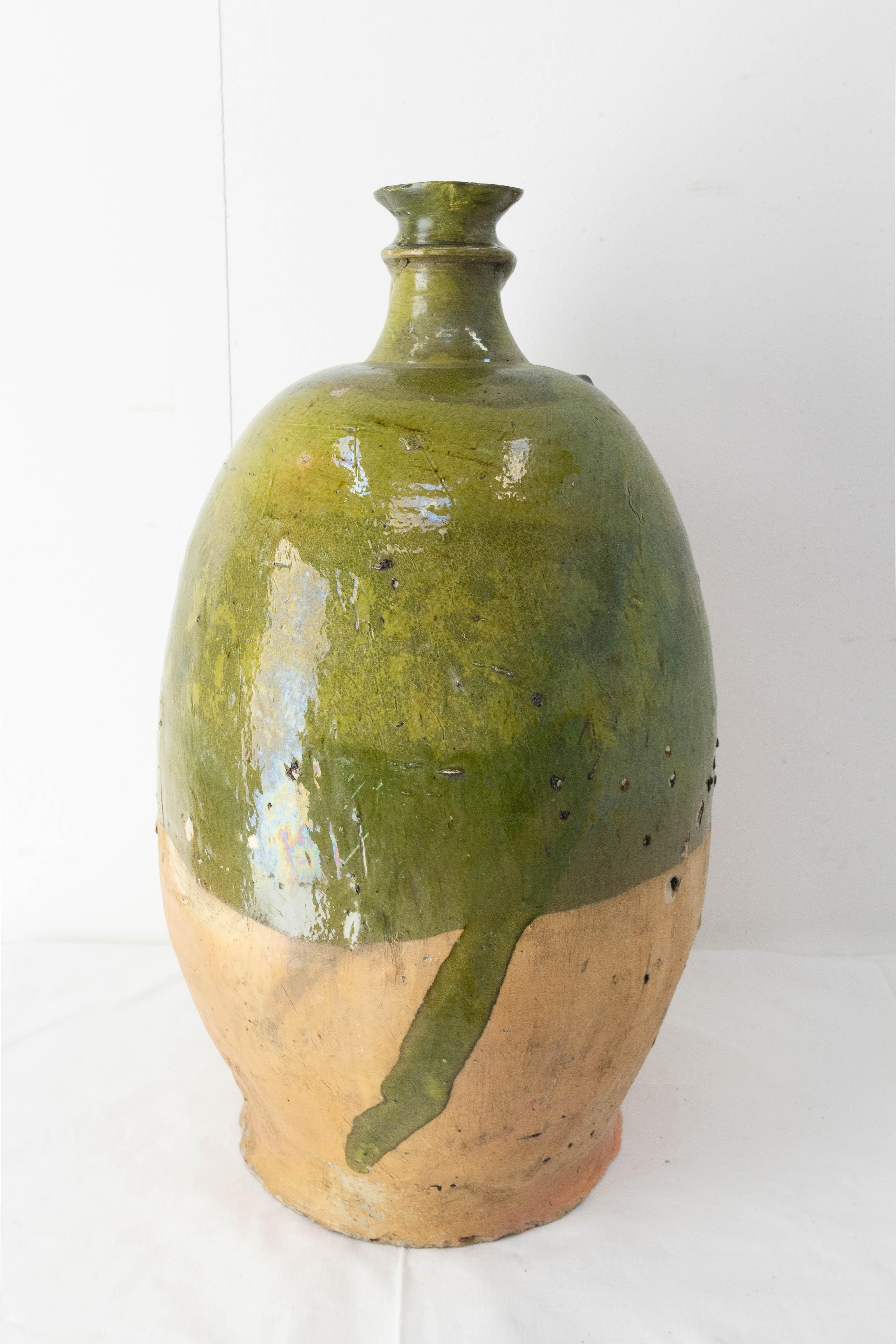 French Provincial South of France Provencal Oil Jar Terracotta with Green Glaze, 19th Century For Sale