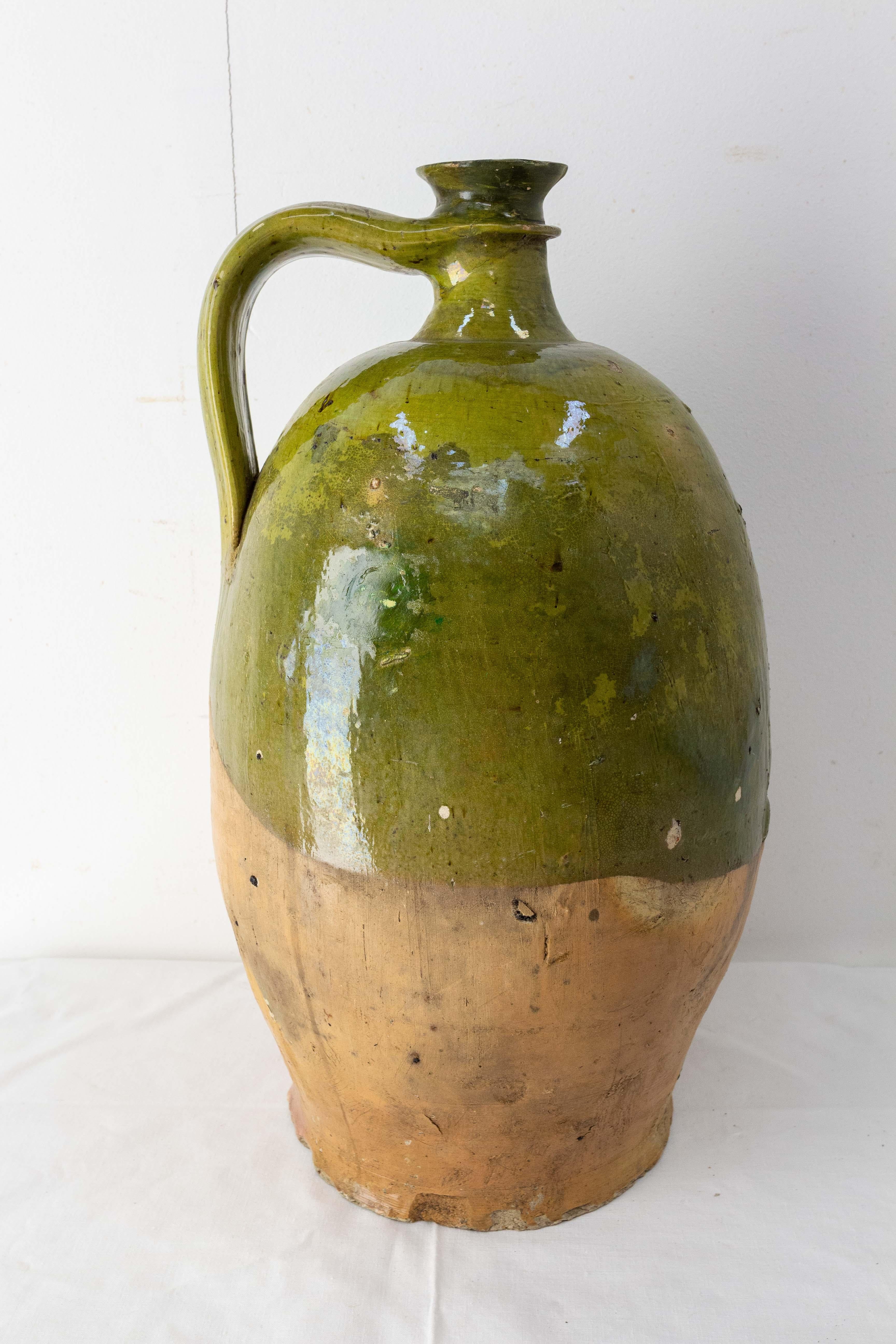 French South of France Provencal Oil Jar Terracotta with Green Glaze, 19th Century For Sale