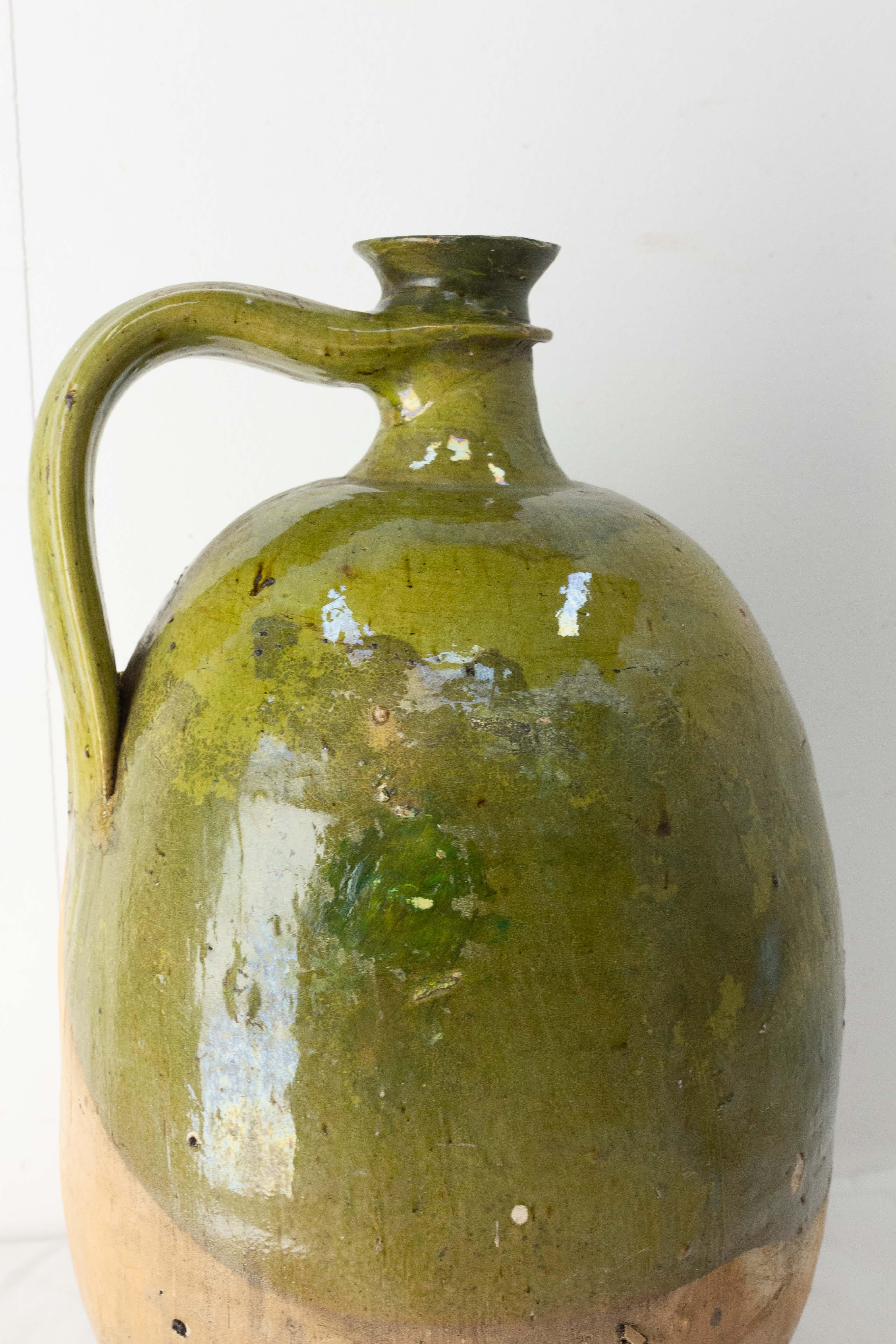 South of France Provencal Oil Jar Terracotta with Green Glaze, 19th Century For Sale 1