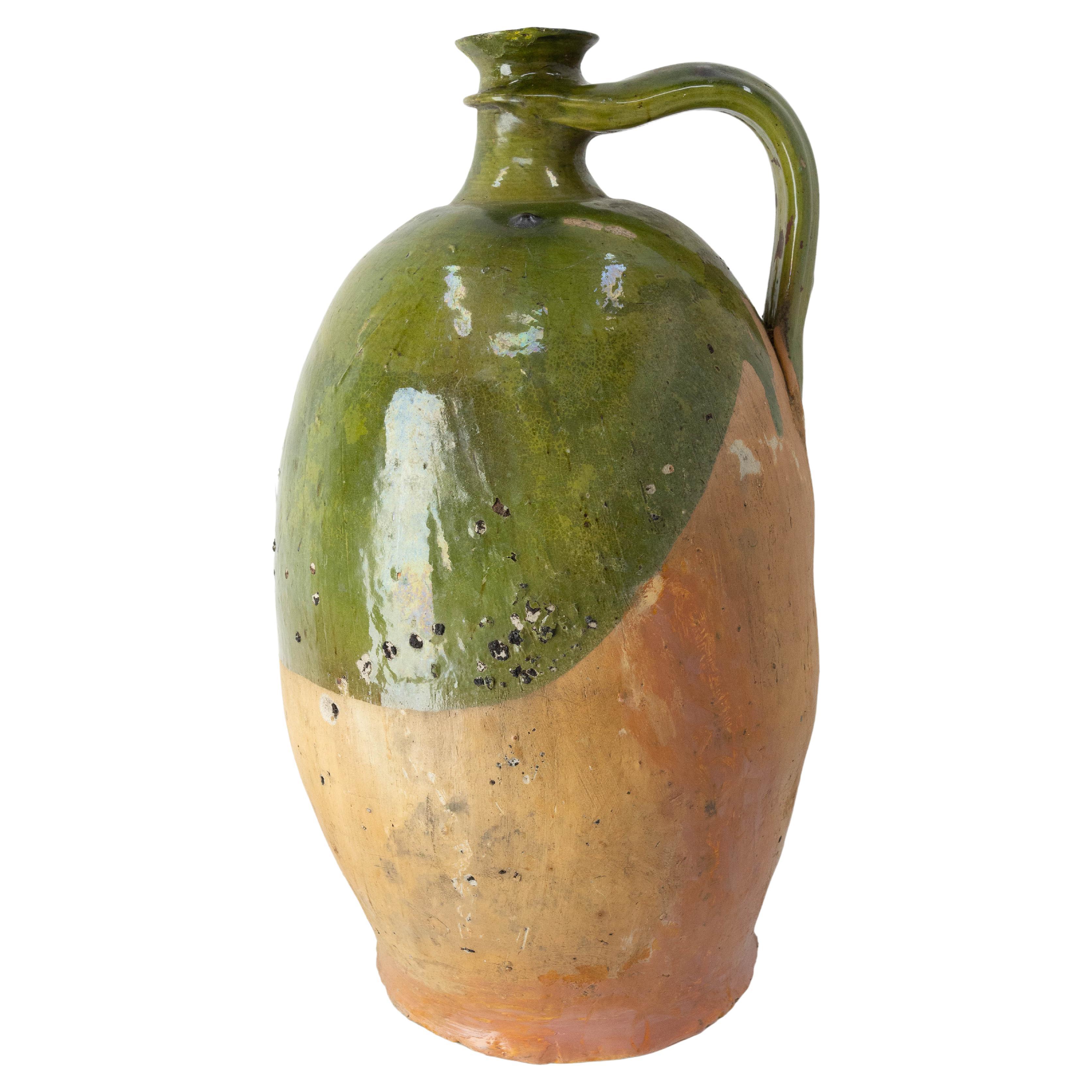 South of France Provencal Oil Jar Terracotta with Green Glaze, 19th Century For Sale
