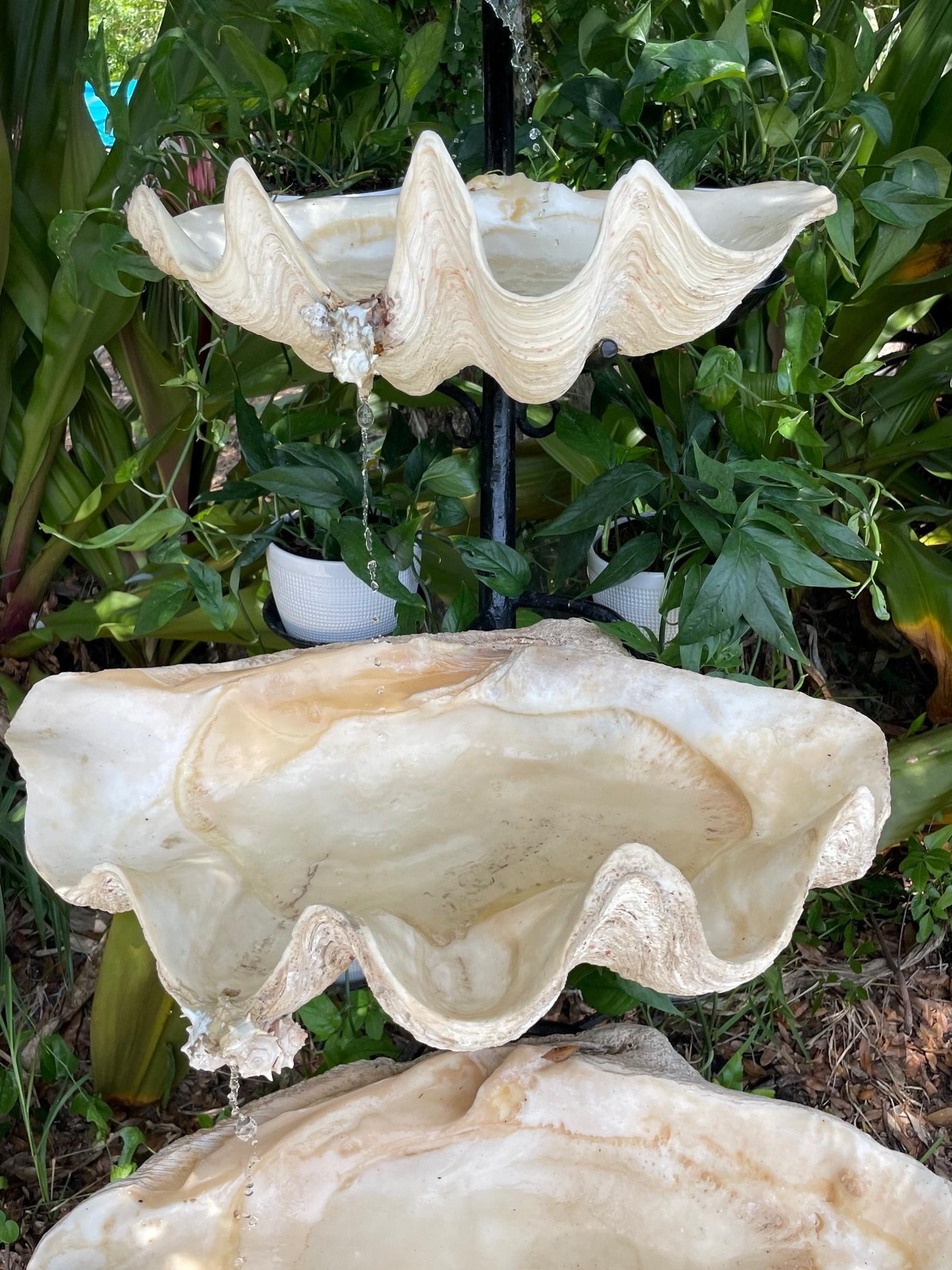 South Pacific Giant Clam Shell Three-Tiered Water Fountain. In Good Condition In Vero Beach, FL