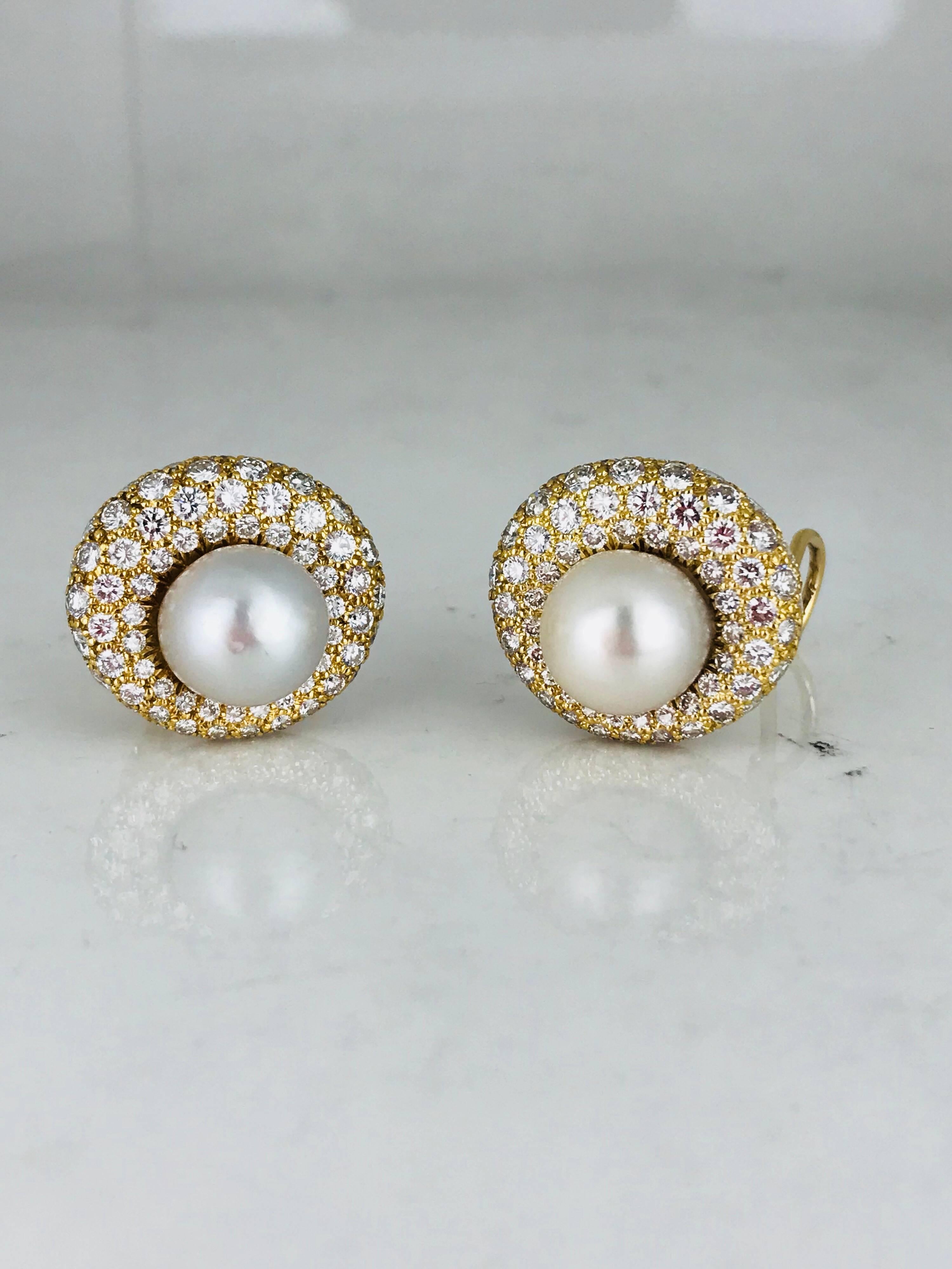 Round Cut South Sea, 14 Karat Retro Diamond Pave Earrings 3.95 Carat, VS F-G For Sale