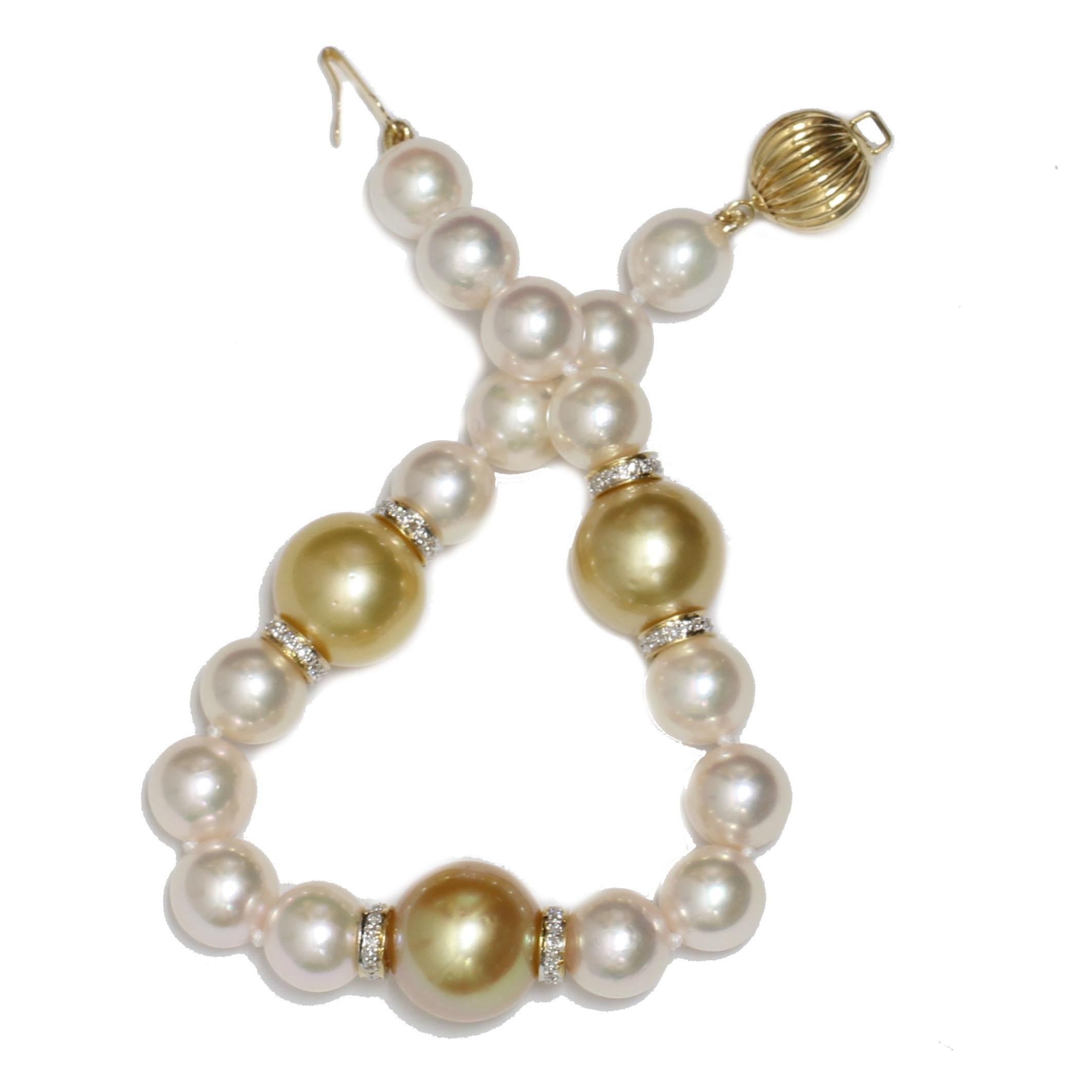 Origin: 	Australia & Japan
Pearl Type: South Sea  & Japanese Pearls
Pearl Size: 11.0 - 11.5mm South Sea Pearls
                  7.5 - 8mm Akoya Pearls
Pearl Color: Natural Golden and white
Pearl Shape: Round
Pearl Surface: AAA
Pearl Luster: AAA