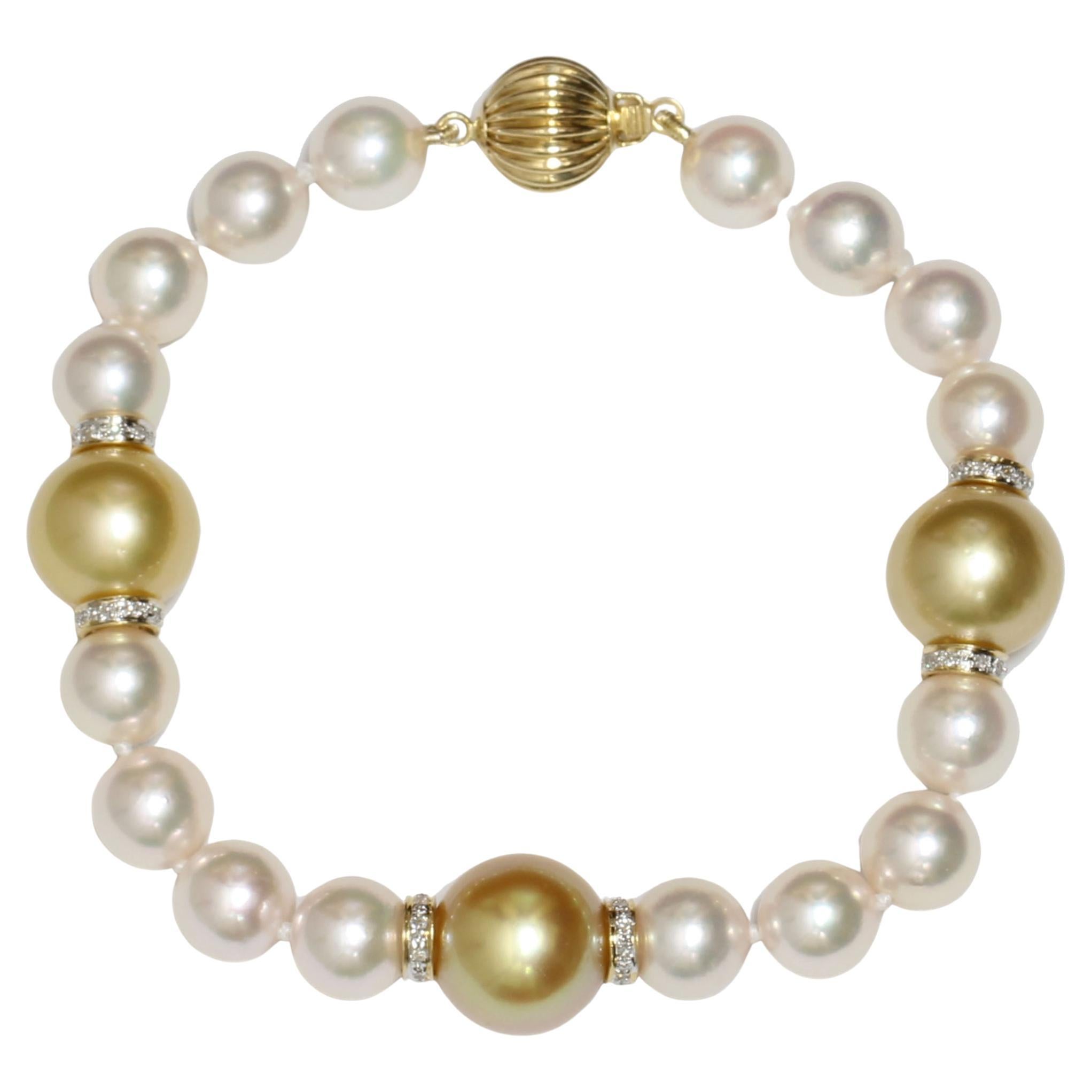 South Sea & Akoya Diamond Pearl Bracelet 14k Yellow Gold 