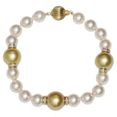 South Sea & Akoya Diamond Pearl Bracelet 14k Yellow Gold 