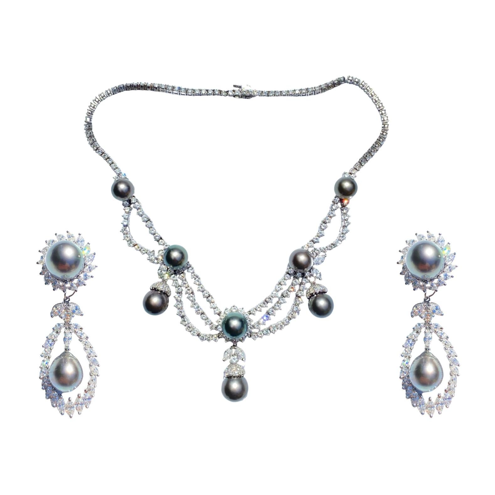 South Sea "Akoya" Gray Pearl, White Diamond Platinum Necklace Earrings Set Grey