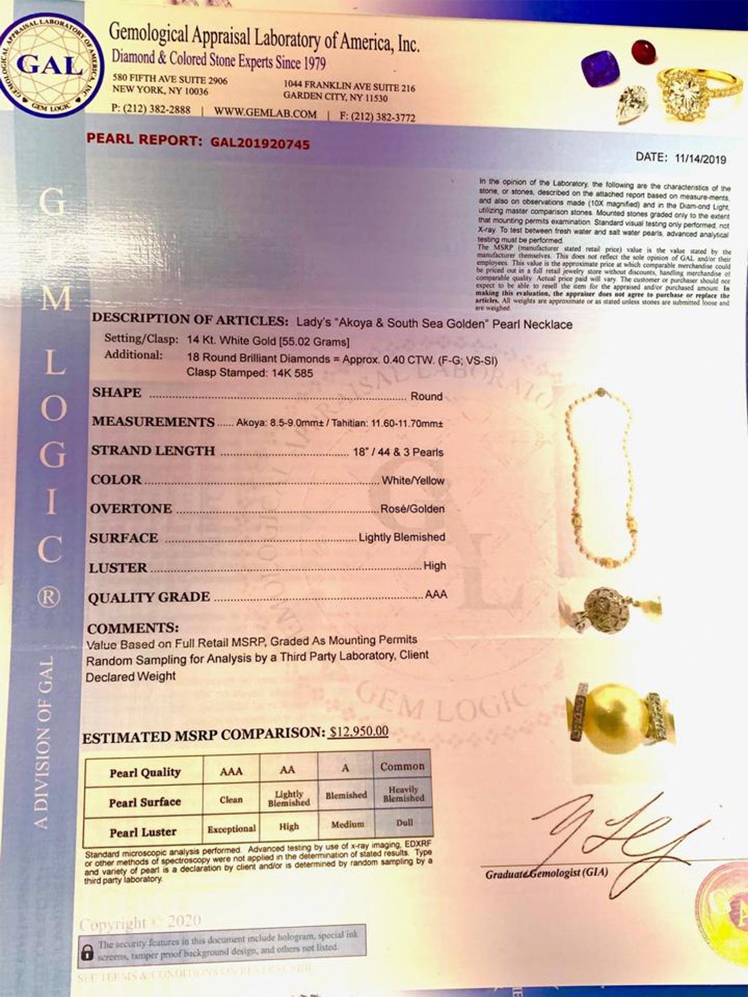 Südsee- Akoya-Perlenkette 14k Gold zertifiziert im Angebot 3