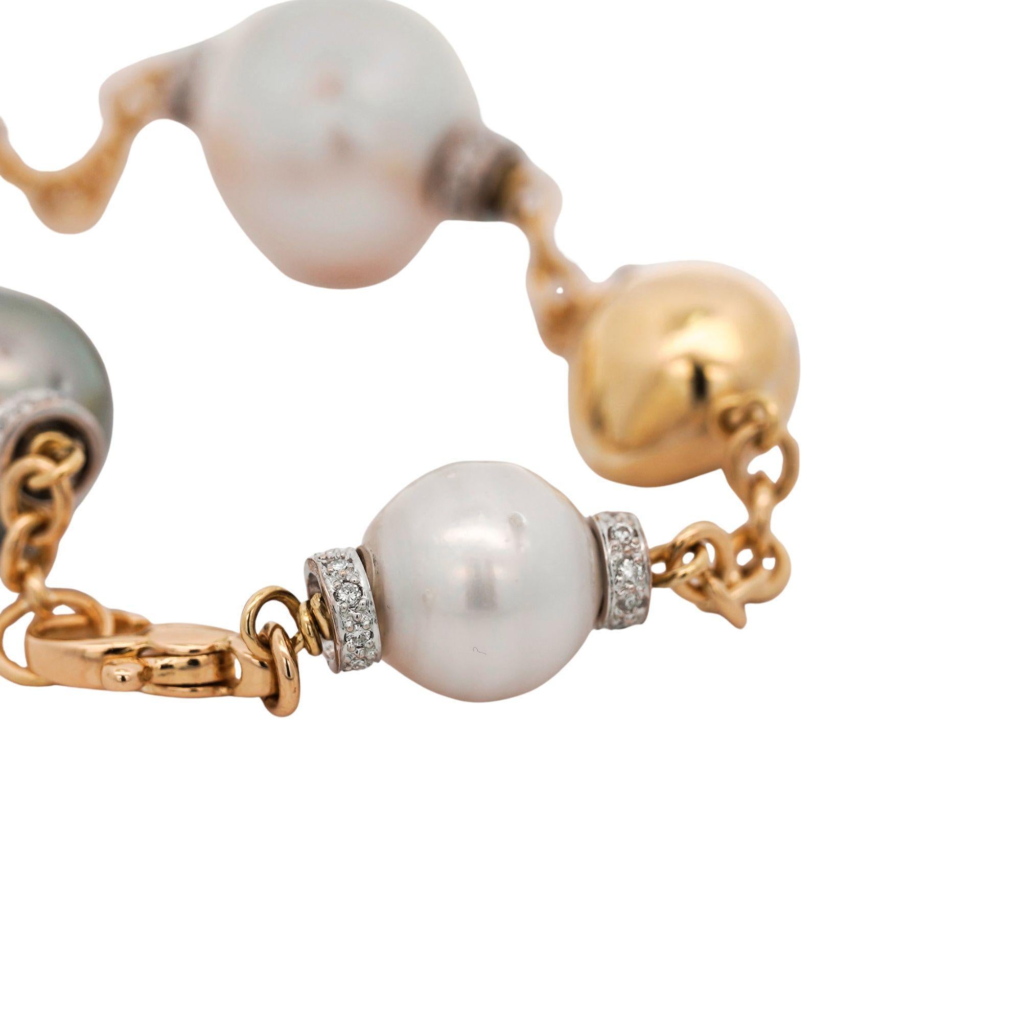 Pulsera de perlas del mar del Sur y Akoya con cuentas de oro de 18 quilates Corte redondo en venta
