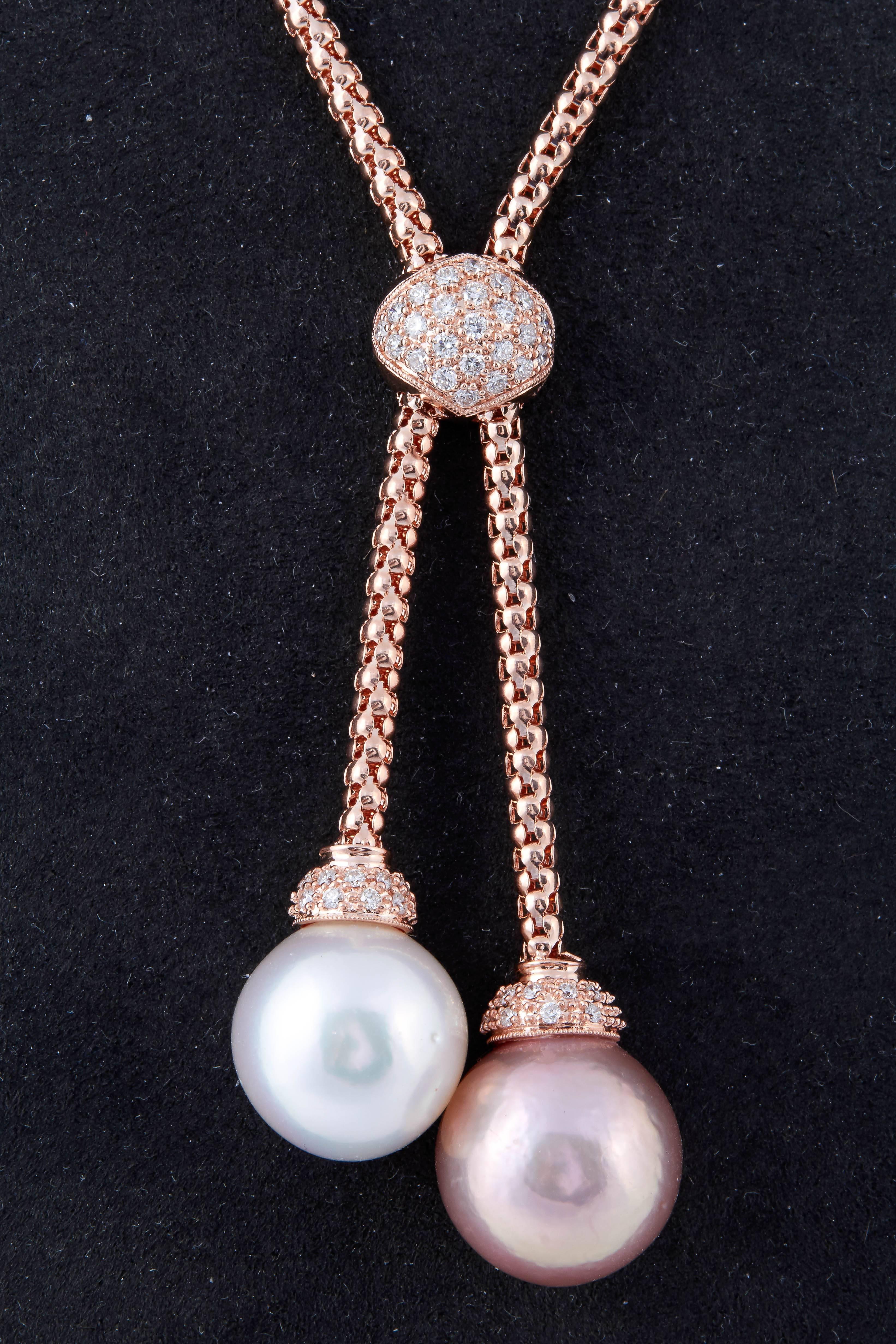 Gold: 18K Rose Gold
10.60 g.
Pearls: South Sea and Fresh Water
Pearls Size: 12-13 mm
Diamond Count: 45
Diamond weight: 0.42 cts 
