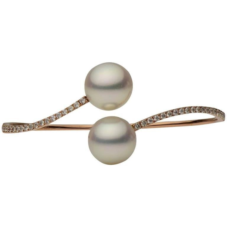 Round Cut South Sea Pearl Diamond Bypass Bangle Bracelet 1.03 Carats 18K Rose Gold For Sale