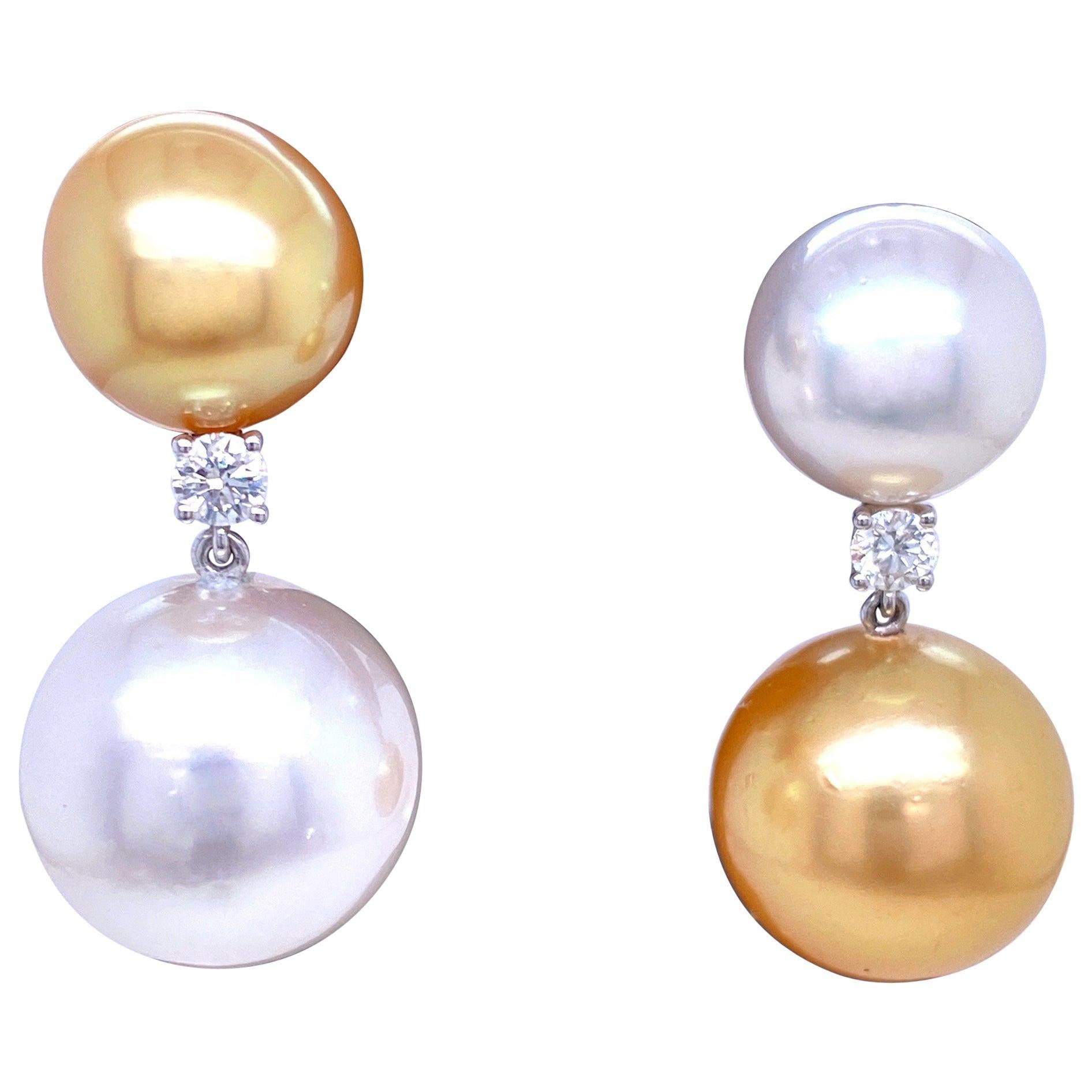 South Sea and Golden Pearl Diamond Drop Earrings 0.25 Carat 18 Karat White Gold For Sale