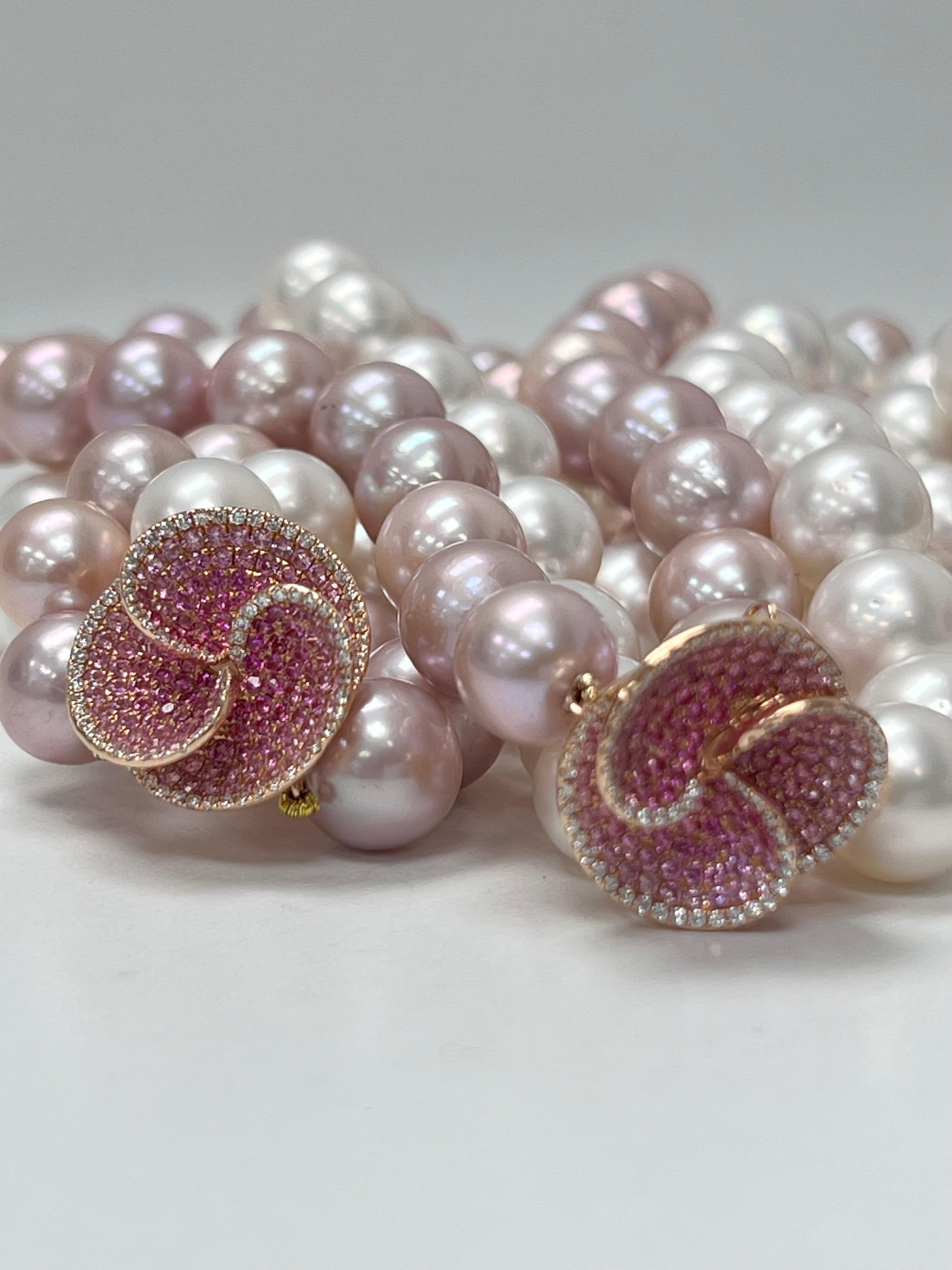 Modern South Sea and Pink Freshwater Necklace with Diamond Flowers