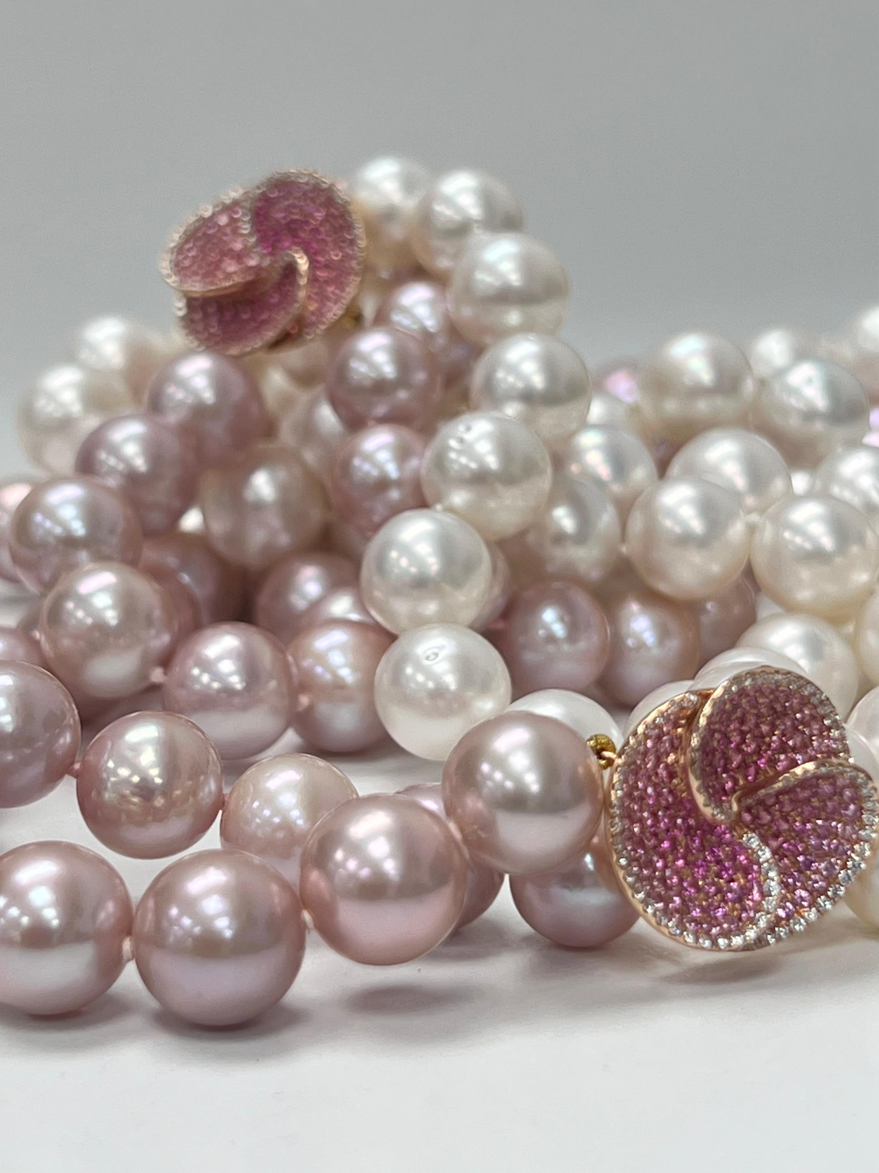 Round Cut South Sea and Pink Freshwater Necklace with Diamond Flowers
