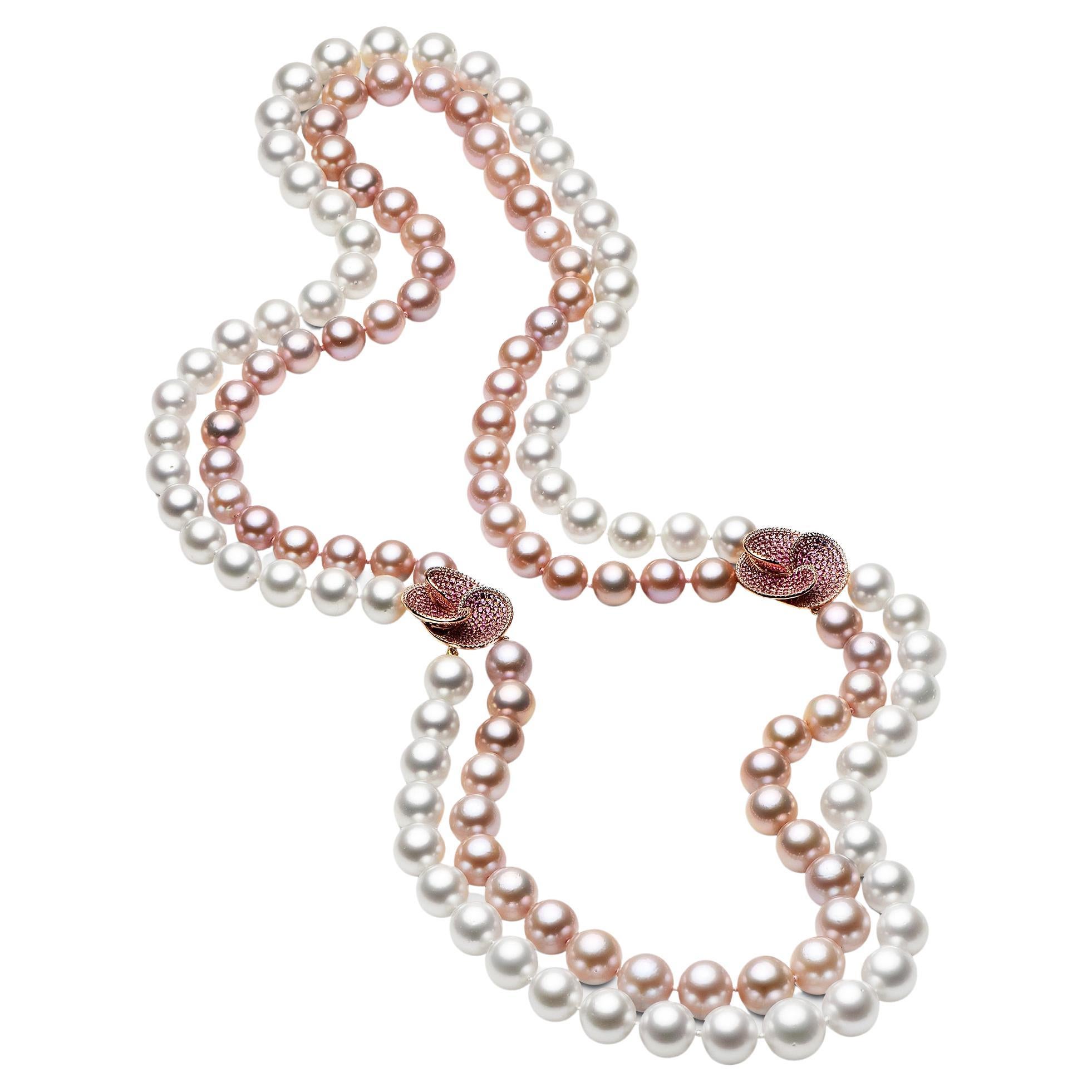 South Sea and Pink Freshwater Necklace with Diamond Flowers