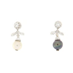Vintage White South Sea & Black Tahitian Pearl Drop Earrings, 18K White Gold