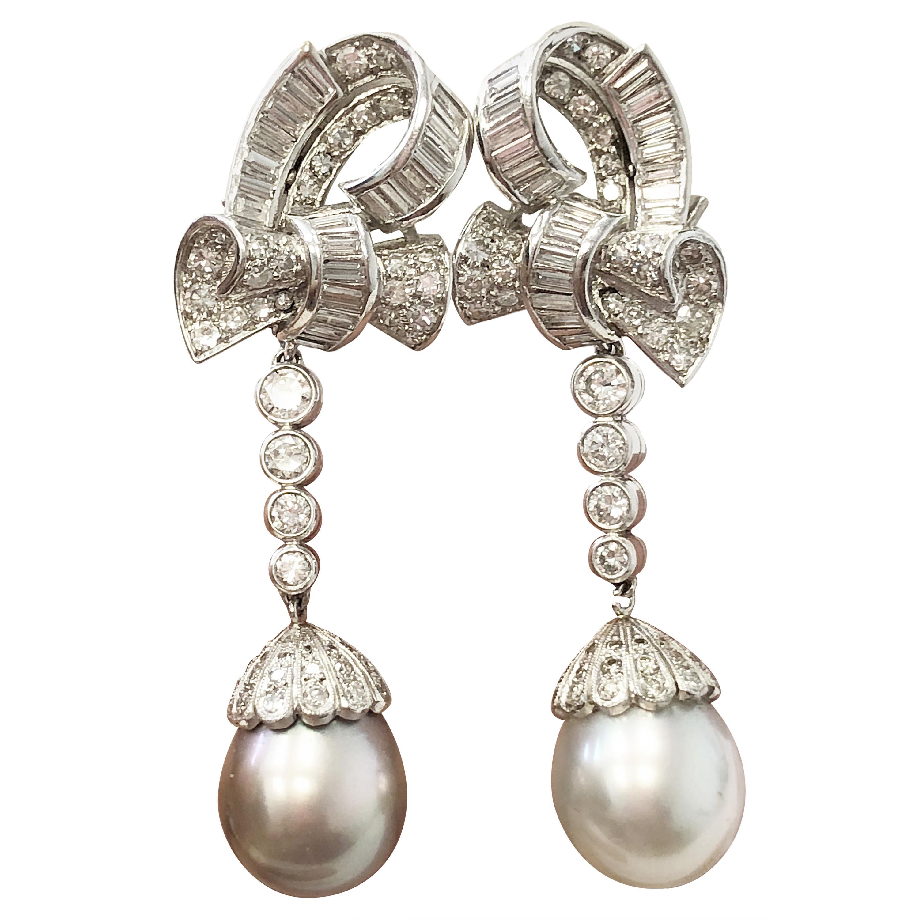 Tiffany and Co. "Victoria" Diamond and Tahitian Pearl Platinum Earrings