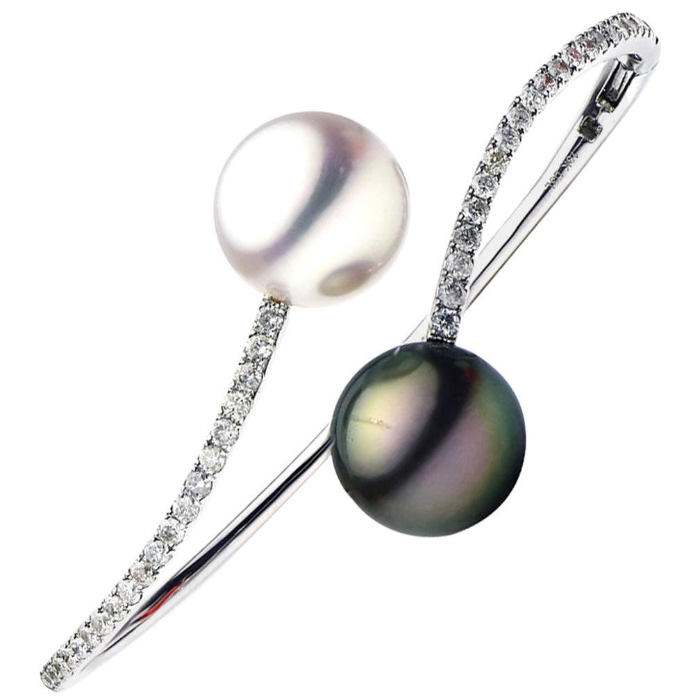 South Sea Pearl & Tahitian Diamond Bypass Bangle Bracelet 1.03 CTTW 12-13MM 18KT For Sale