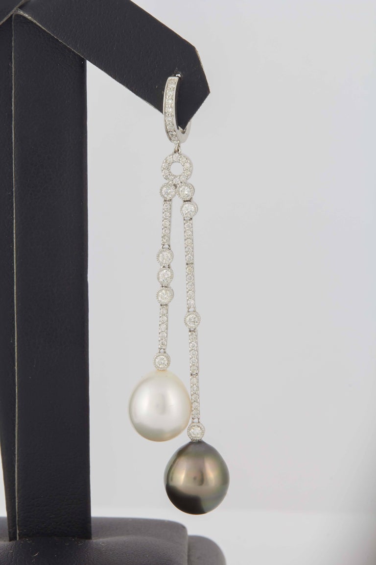 Contemporary South Sea and Tahitian Pearl Diamond Dangle Earrings 1.07 Carats 10-11 MM 18K For Sale