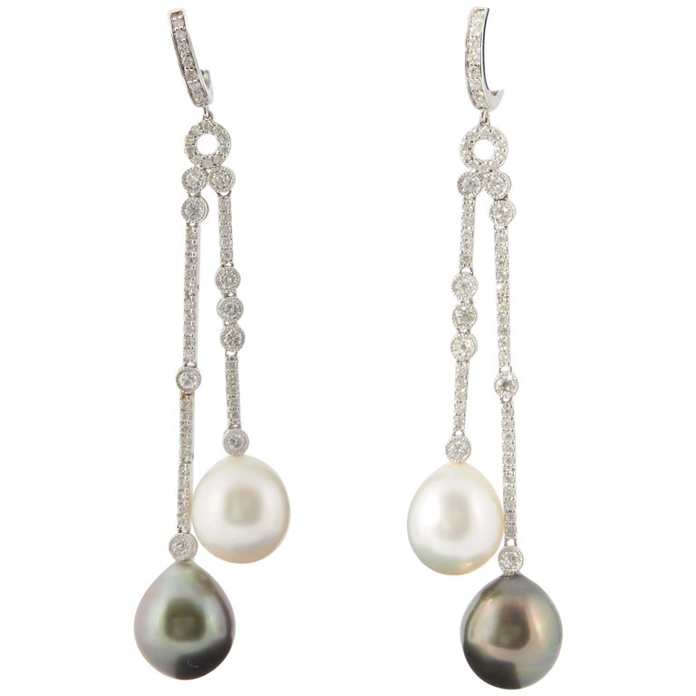 South Sea and Tahitian Pearl Diamond Dangle Earrings 1.07 Carats 10-11 MM 18K For Sale