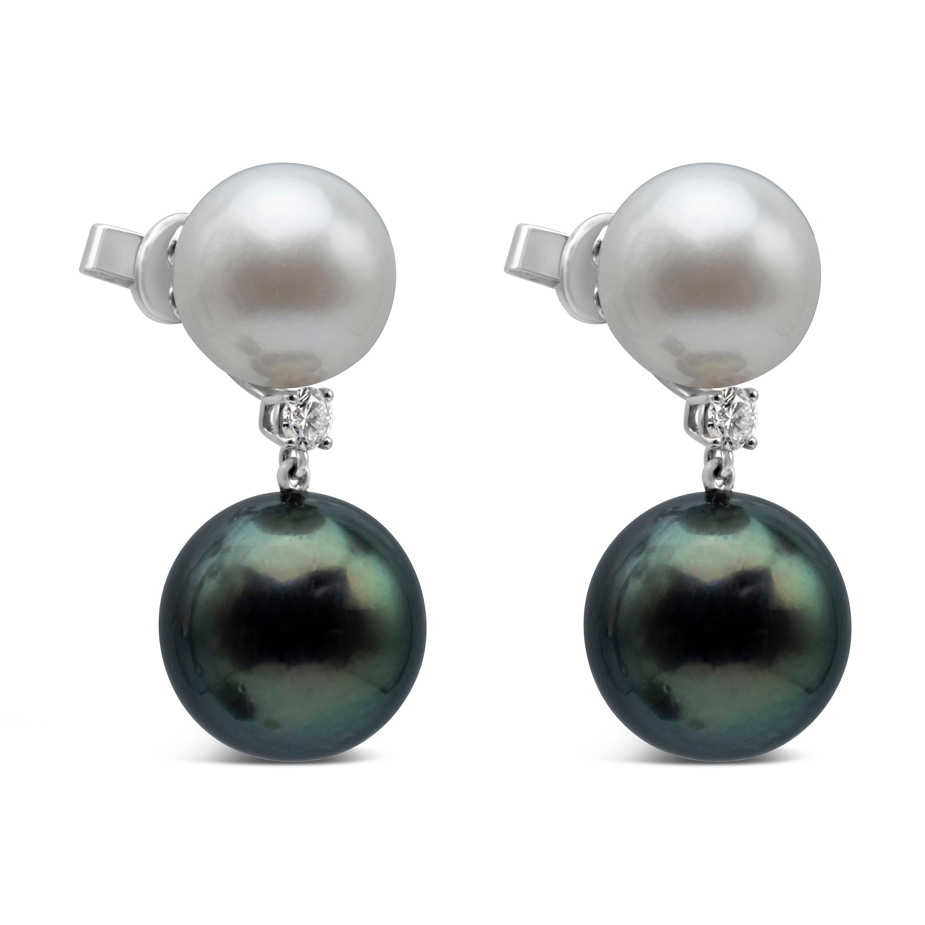 Contemporary South Sea and Tahitian Pearl with Diamond Dangle Earrings in White Gold For Sale