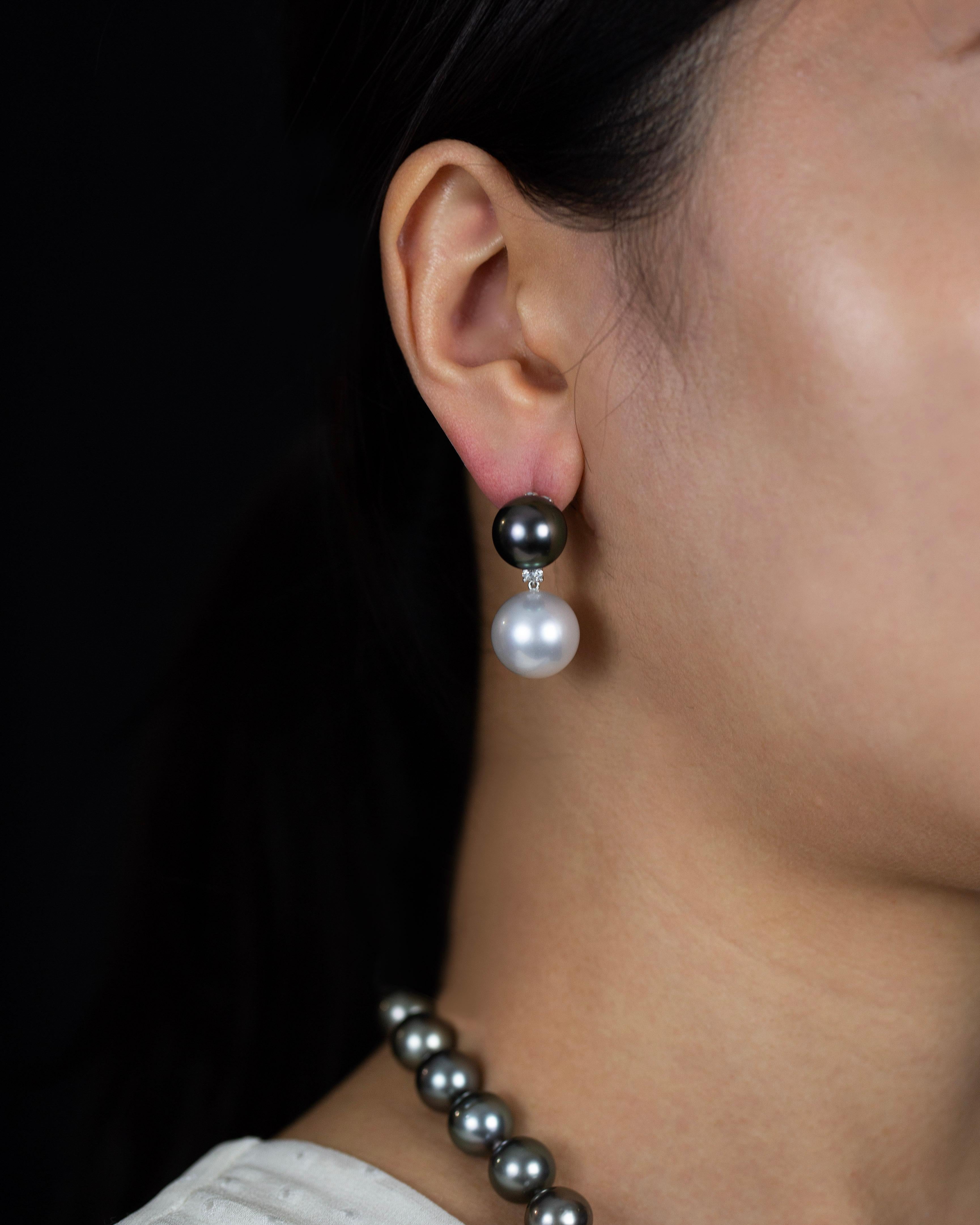 Round Cut South Sea and Tahitian Pearl with Diamond Dangle Earrings in White Gold For Sale