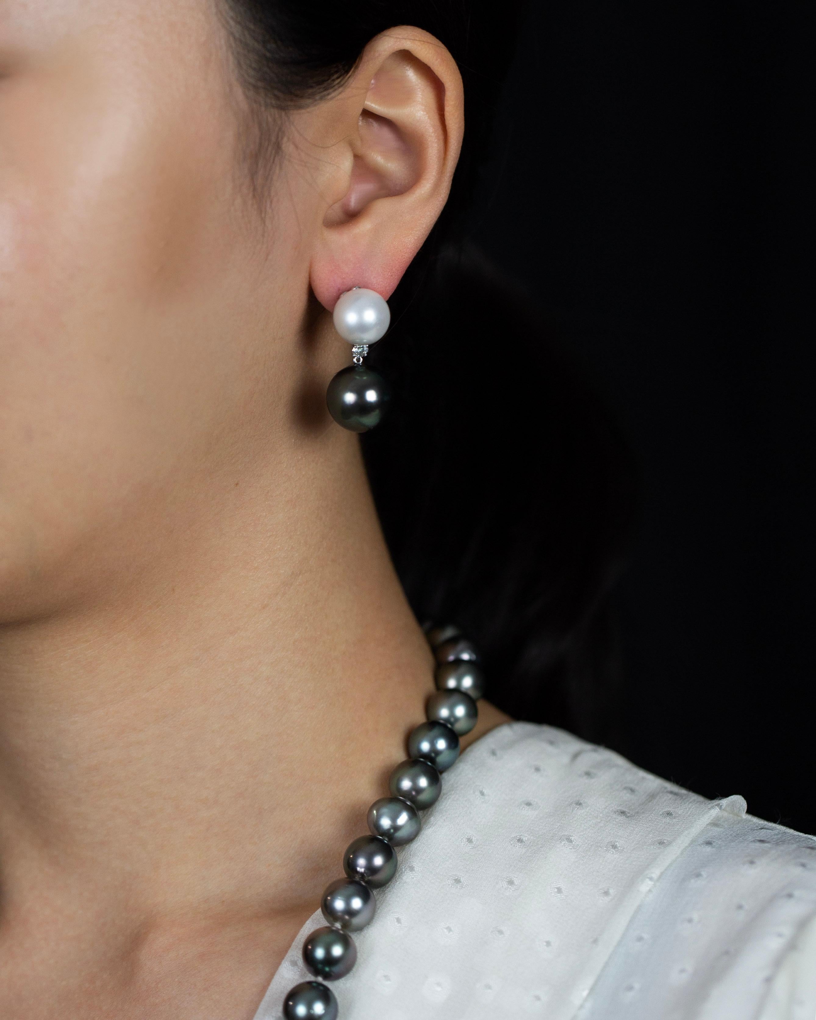 Women's South Sea and Tahitian Pearl with Diamond Dangle Earrings in White Gold For Sale