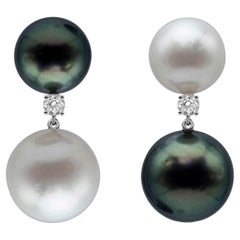 South Sea and Tahitian Pearl with Diamond Dangle Earrings in White Gold