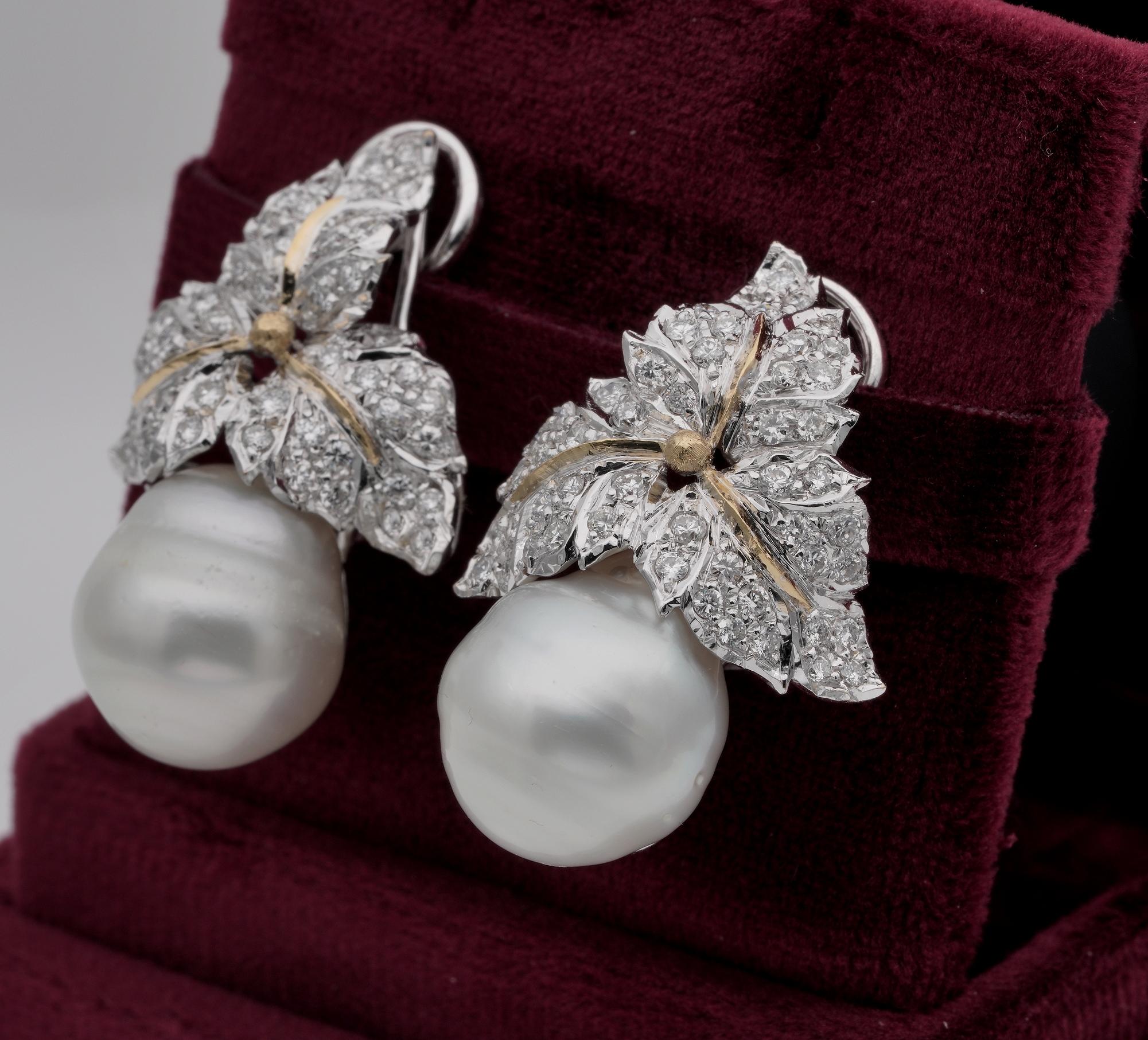 Brilliant Cut South Sea Baroque Pearl 3.0 CT Diamond Leaf Unique Earrings For Sale