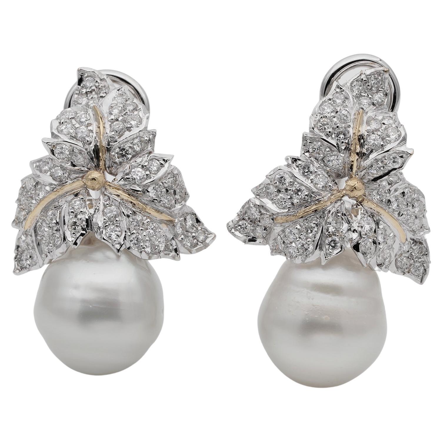 South Sea Baroque Pearl 3.0 CT Diamond Leaf Unique Earrings
