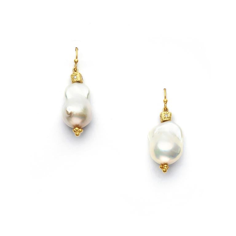 Contemporary South Sea Baroque Pearl and 18 Karat Yellow Gold Bead Earrings Set with Diamonds