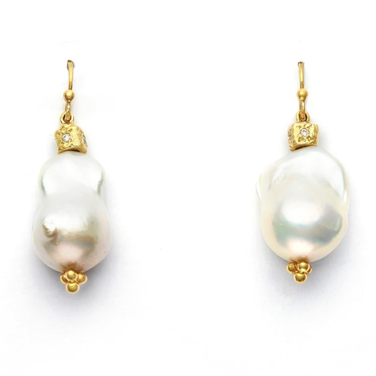 South Sea Baroque Pearl and 18 Karat Yellow Gold Bead Earrings Set with Diamonds In New Condition In Nantucket, MA