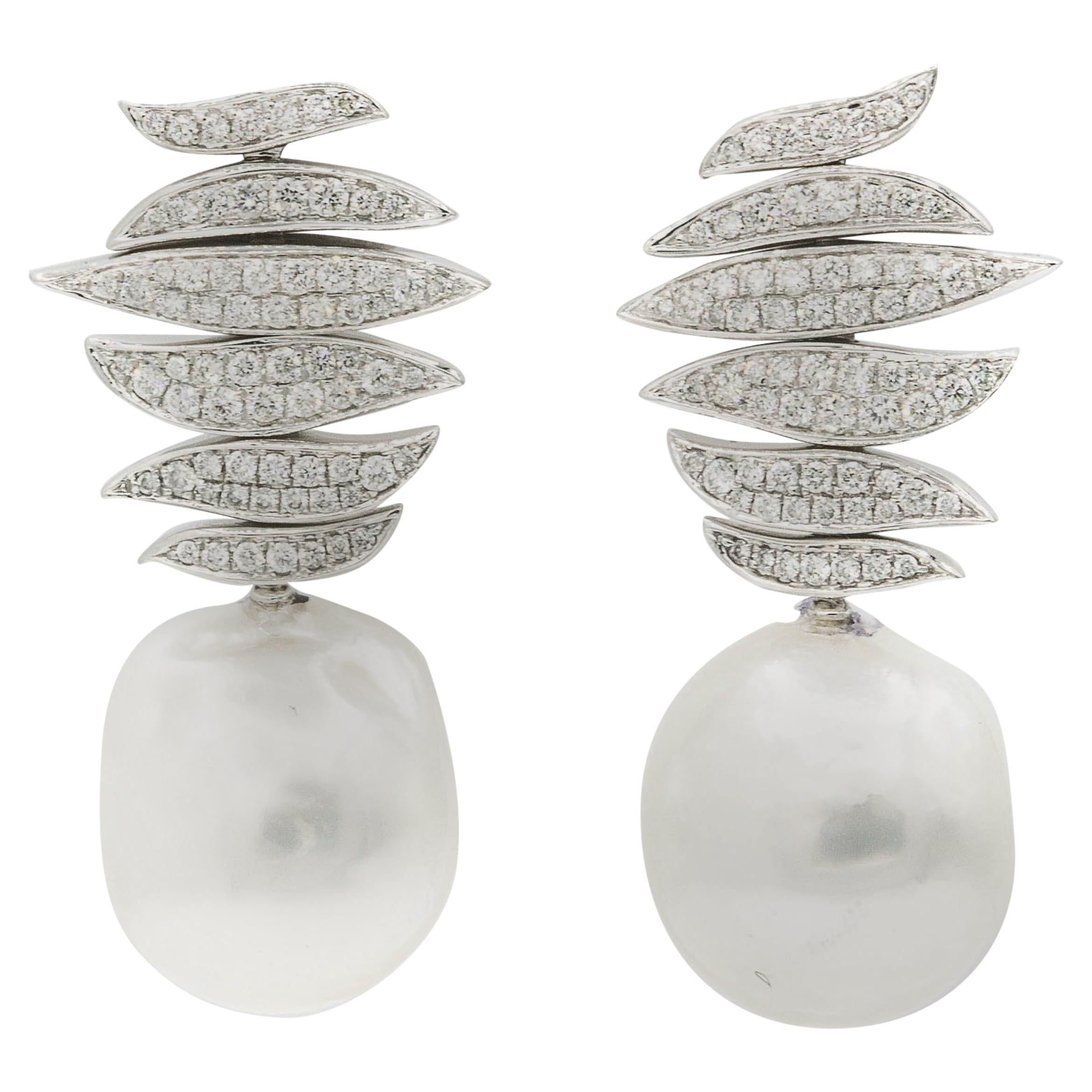 South Sea Baroque Pearl Diamond Drop Earrings 0.96 Carats 18K