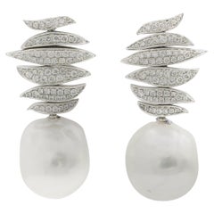 South Sea Baroque Pearl Diamond Drop Earrings 0.96 Carats 18KT White Gold 14 MM