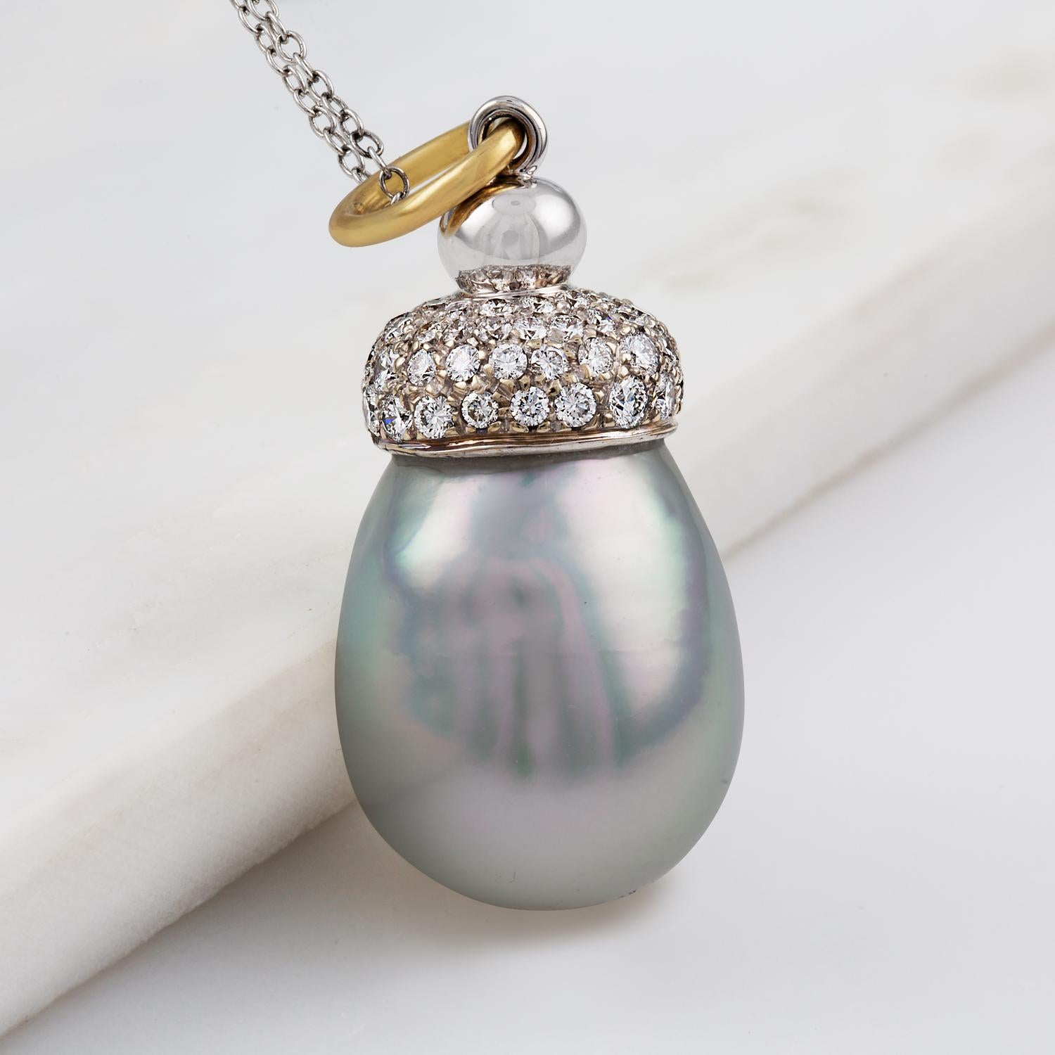 Round Cut South Sea Baroque Cultured Pearl and Diamond Pendant For Sale