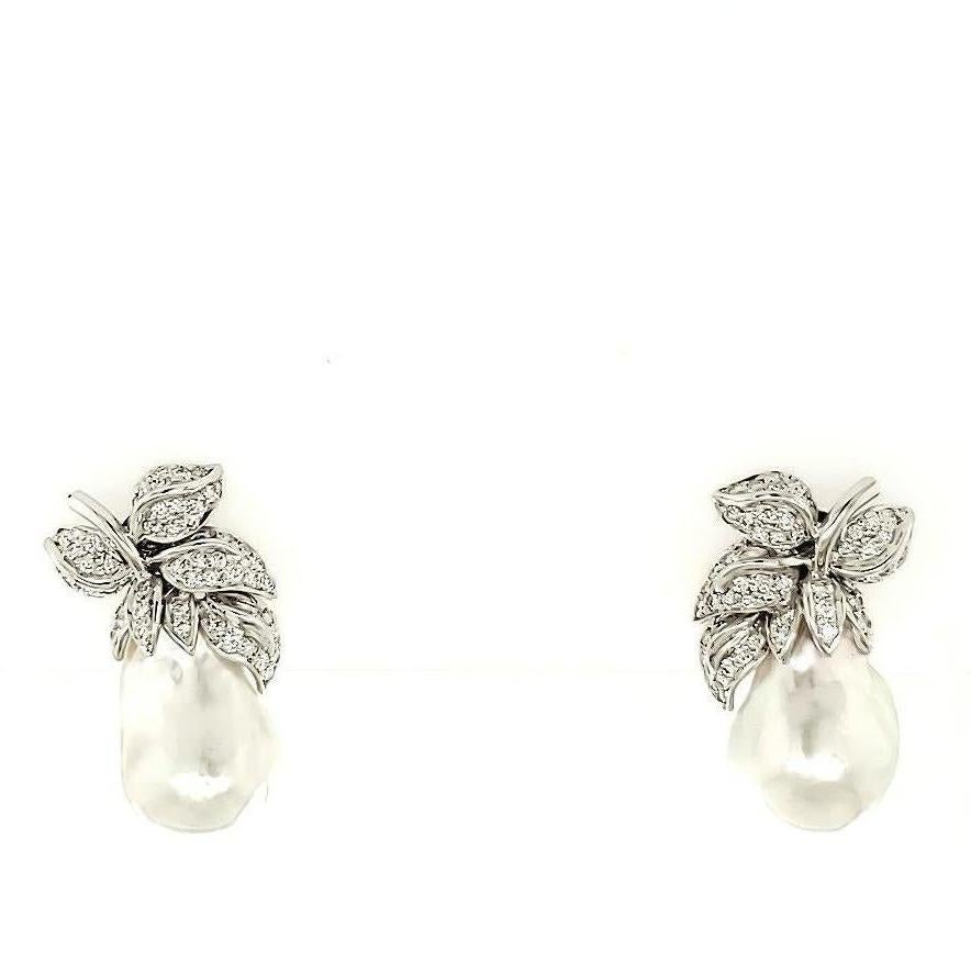 South Sea Baroque Pearl and White Diamond Gold Earrings:

A beautiful pair of earrings, it features elegant baroque South Sea pearls along with 1.53 carat of round brilliant white diamonds. The pearls have great lustre and brilliance, with a smooth