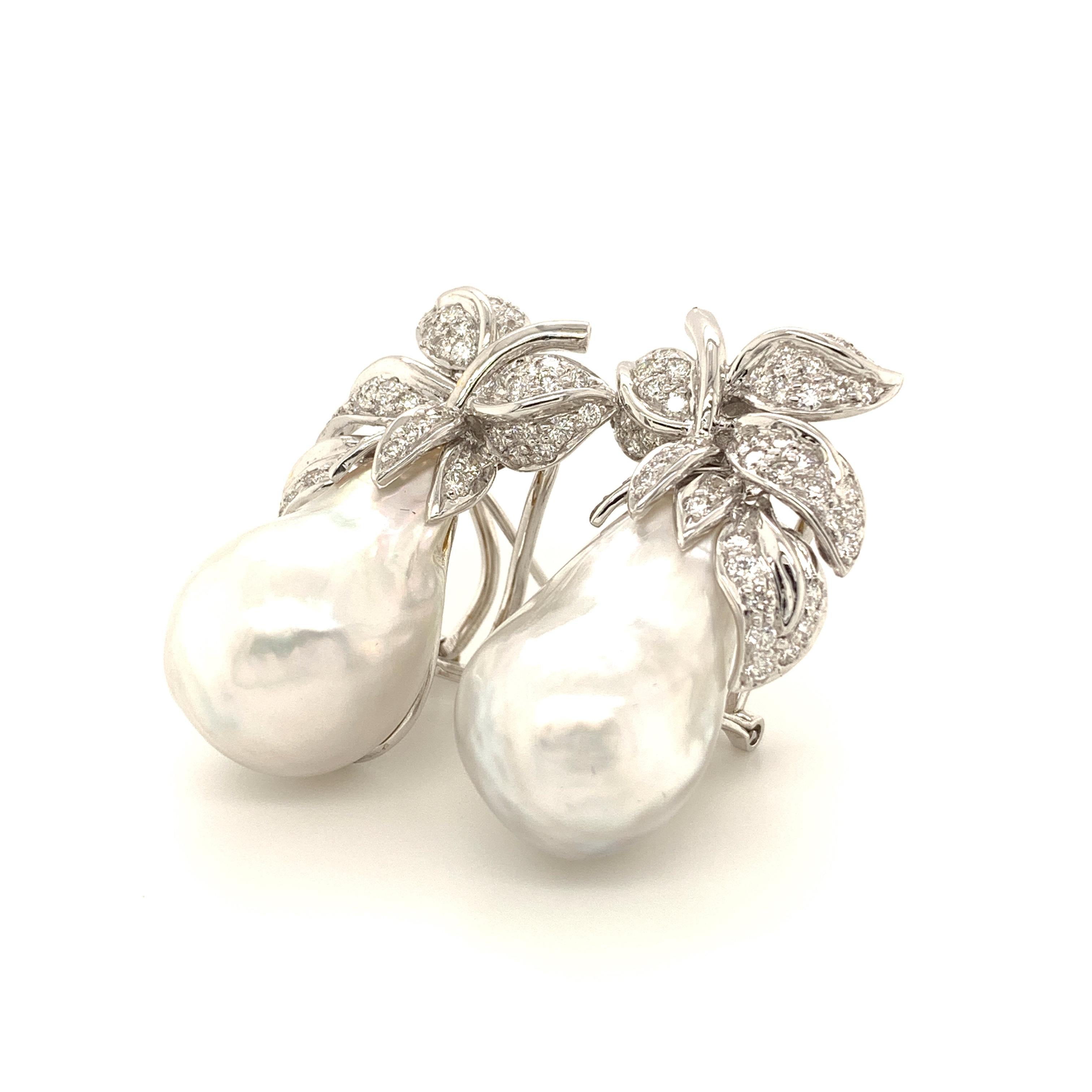 Contemporary South Sea Baroque Pearl and White Diamond Gold Earrings