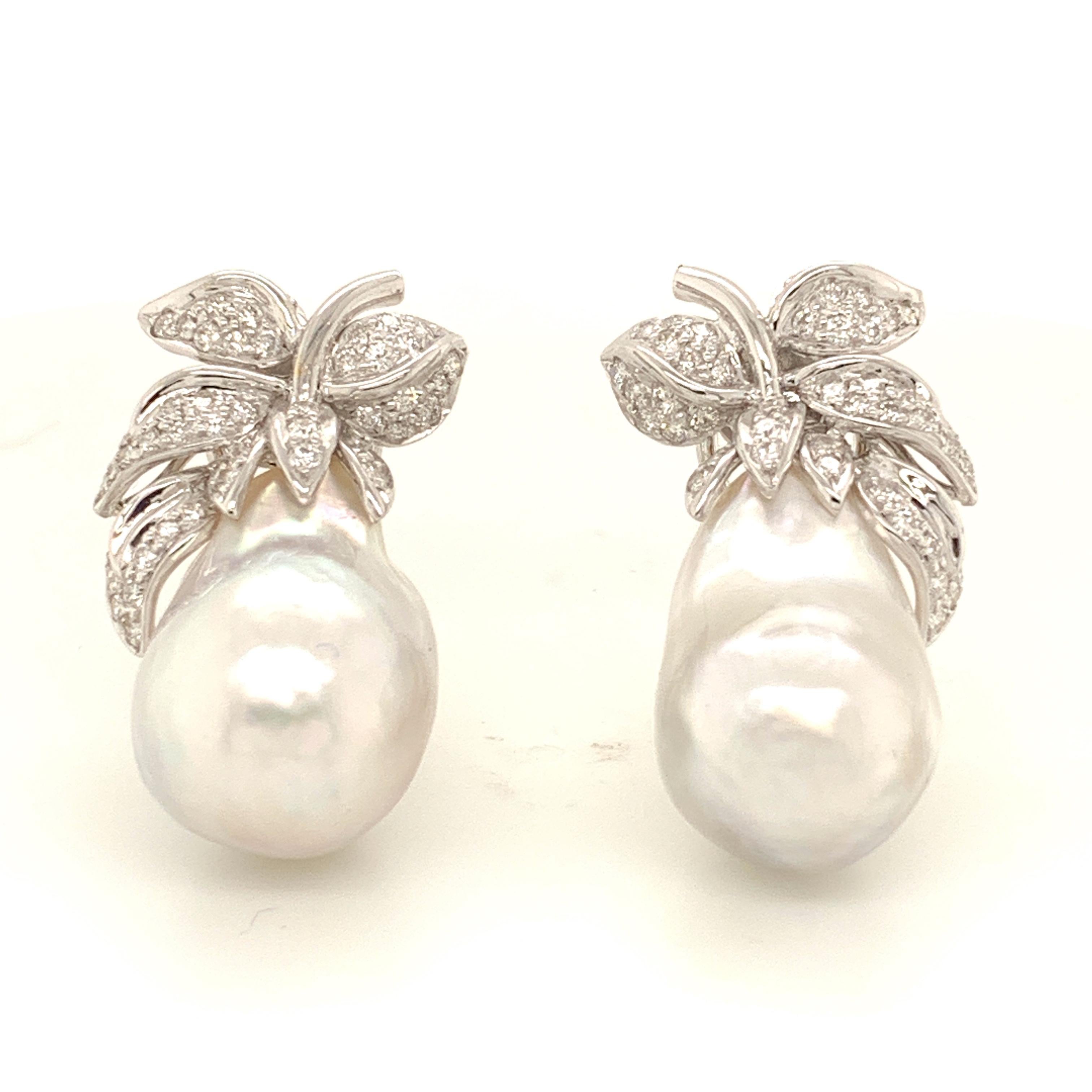 Cabochon South Sea Baroque Pearl and White Diamond Gold Earrings