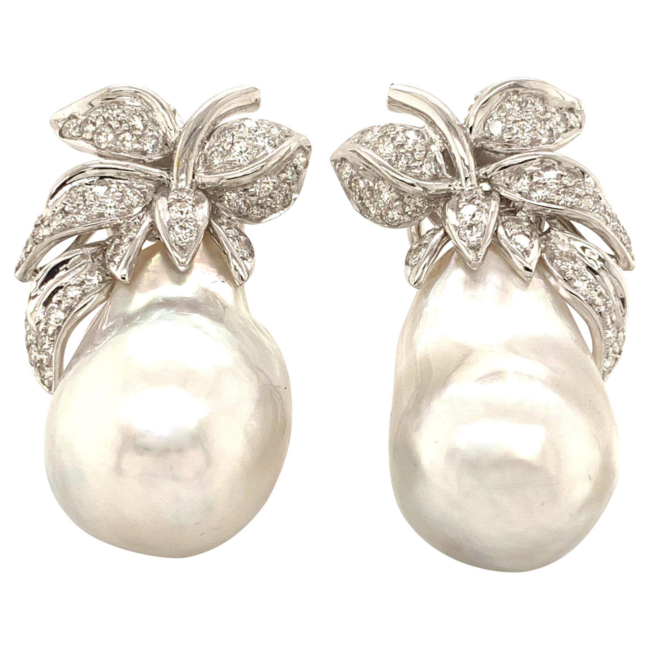 South Sea Baroque Pearl and White Diamond Gold Earrings at 1stDibs