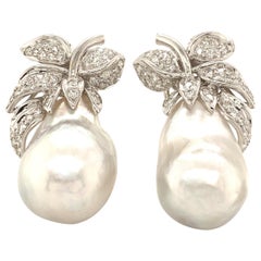 South Sea Baroque Pearl and White Diamond Gold Earrings