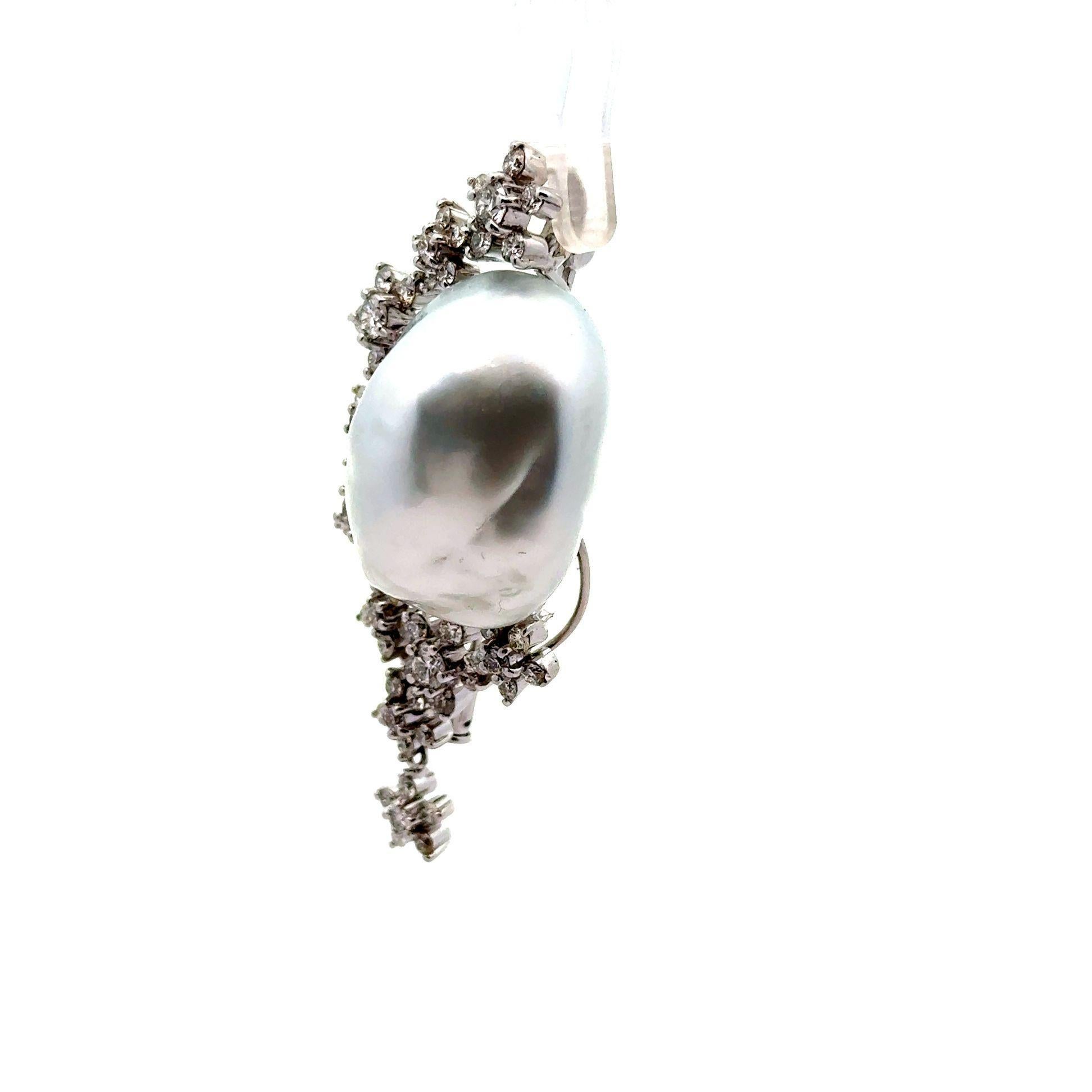 Contemporary South Sea Baroque Pearl Diamond 18k & 14k White Gold Brooch-Pendant For Sale