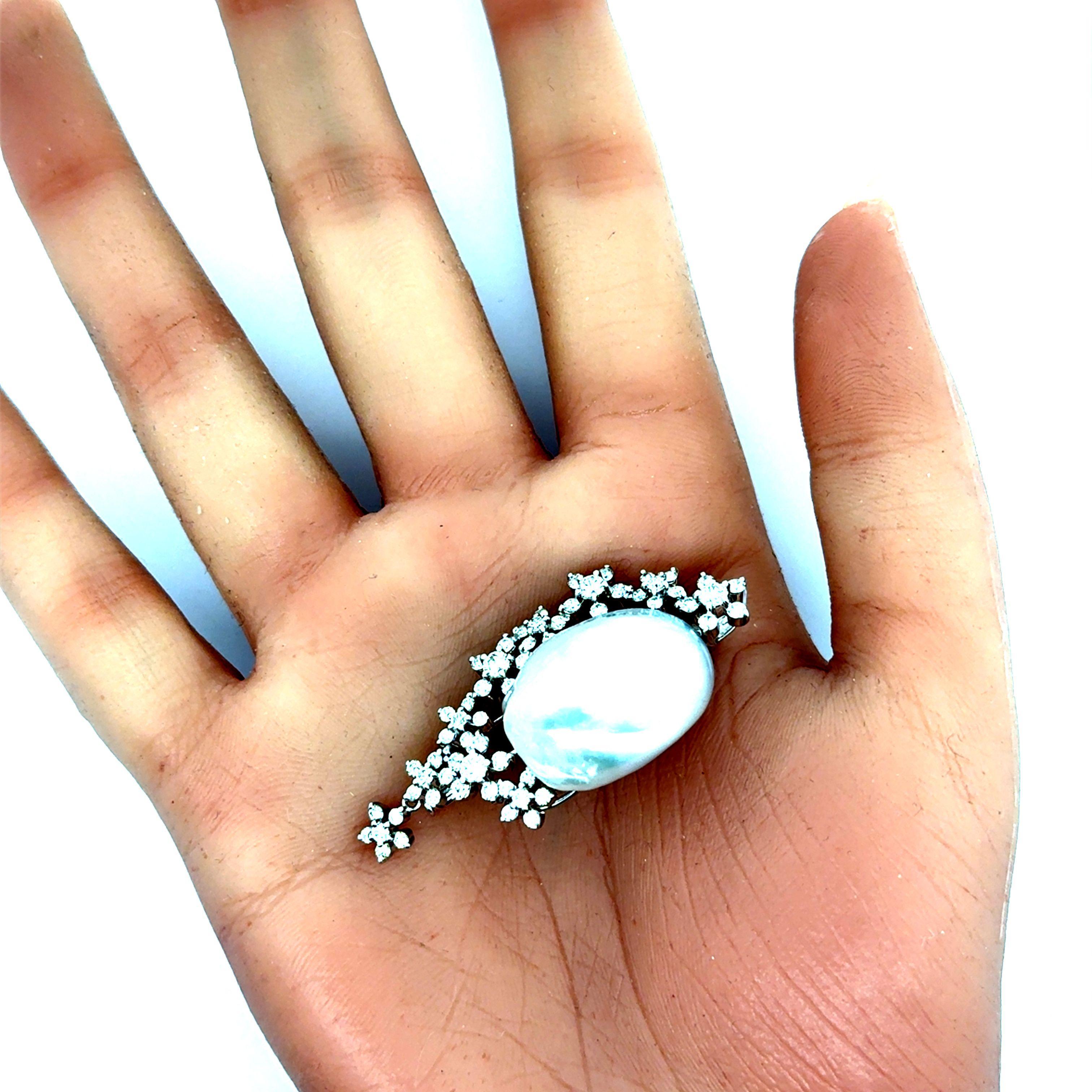 Ball Cut South Sea Baroque Pearl Diamond 18k & 14k White Gold Brooch-Pendant For Sale