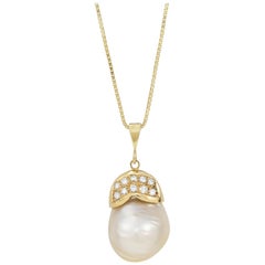 South Sea Baroque Pearl Diamond and Yellow Gold Necklace