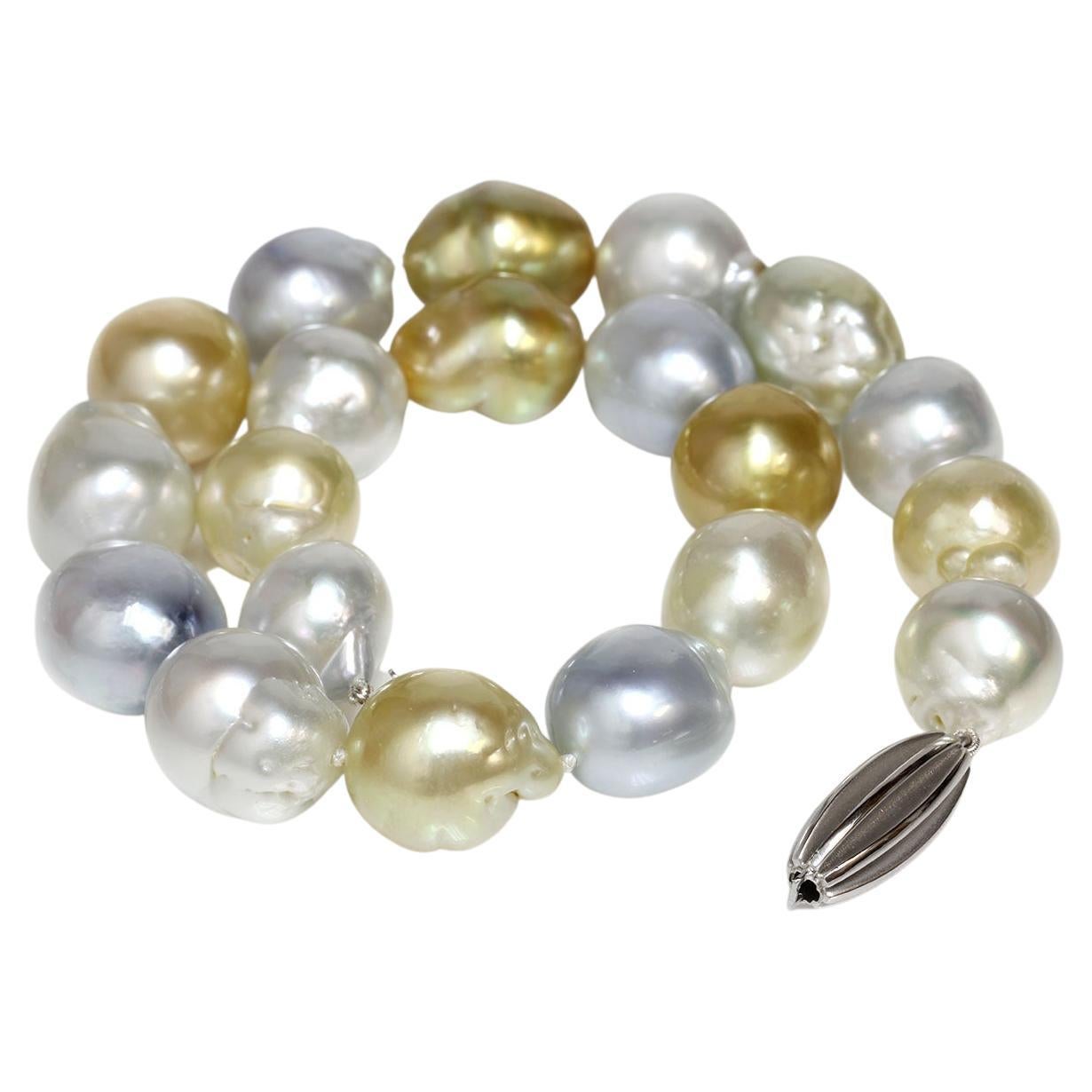 Origin: 	Australia
Pearl Type: South Sea Pearls
Pearl Size: 18.5 - 16.2 MM in Diameter (Necklace)
Loose Pearl Size: 	20.3 x 17.0 - 20.0 x 17.0mm in Diameter
Pearl Color: 	Natural Golden, White, Blue, Deep Golden and Champagne 
Pearl Shape: