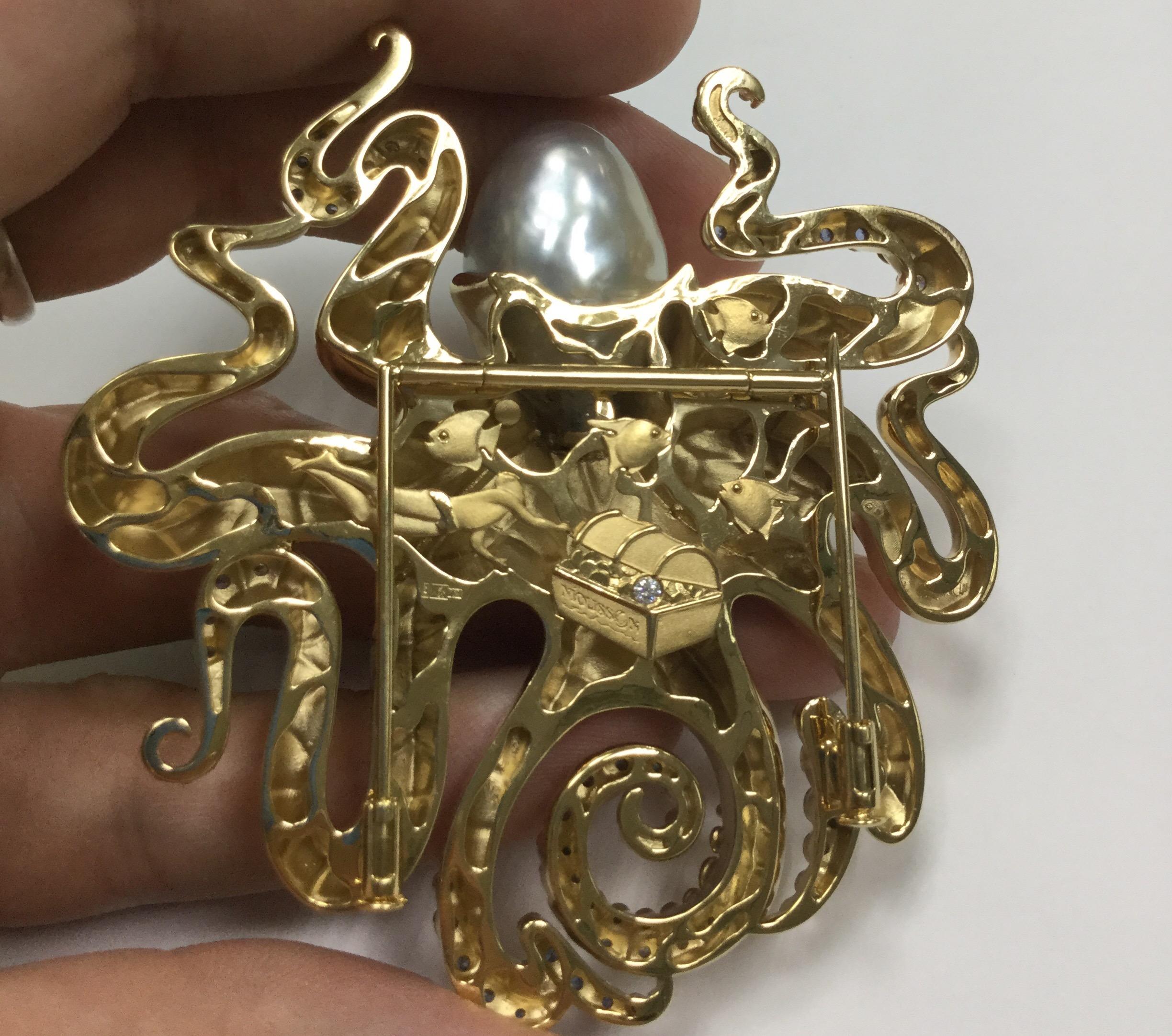 Contemporary South Sea Baroque Pearl Octopus 18 Karat Yellow Gold Brooch