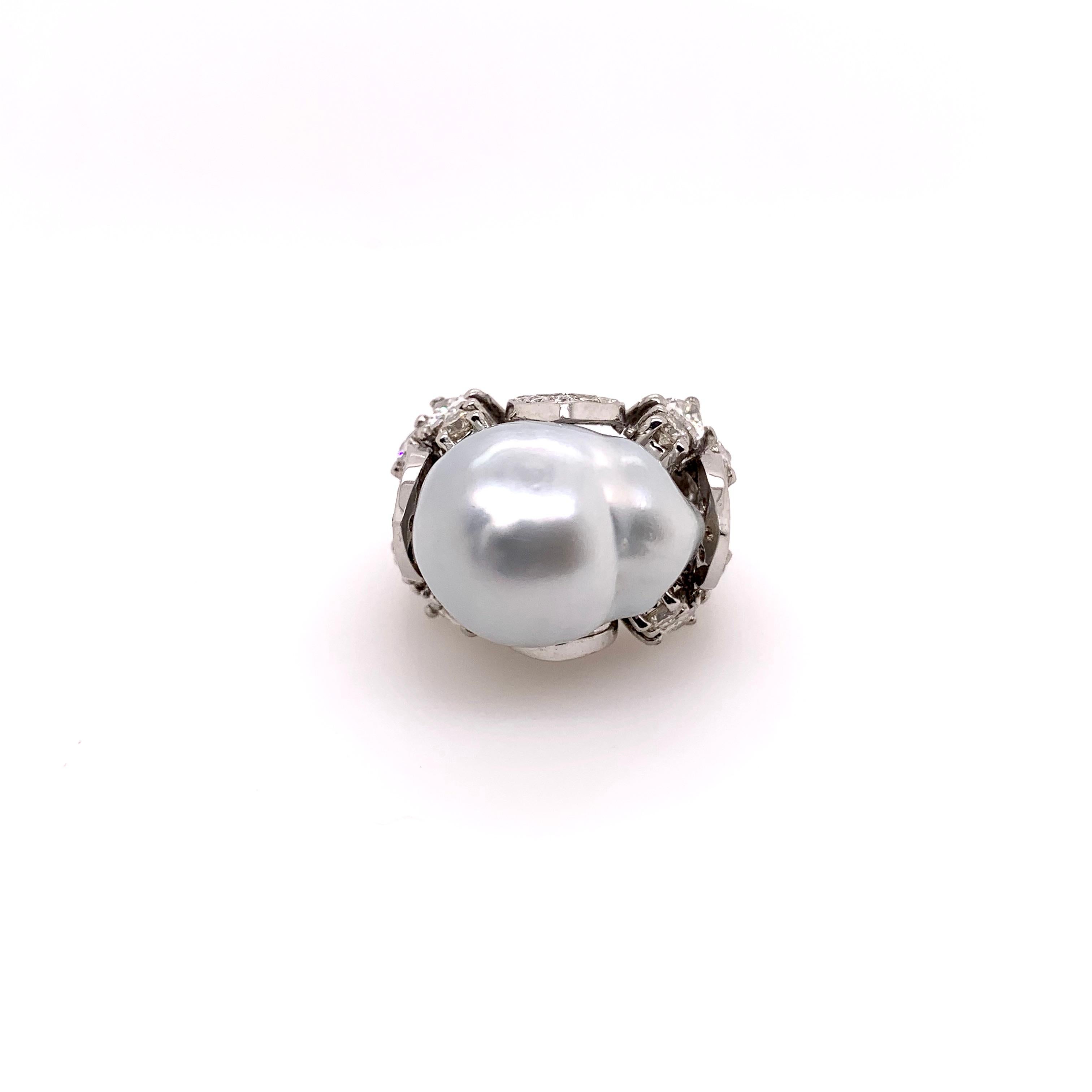 Contemporary South Sea Baroque Pearl Ring in an Elaborate Chunky Diamond White Gold Setting For Sale