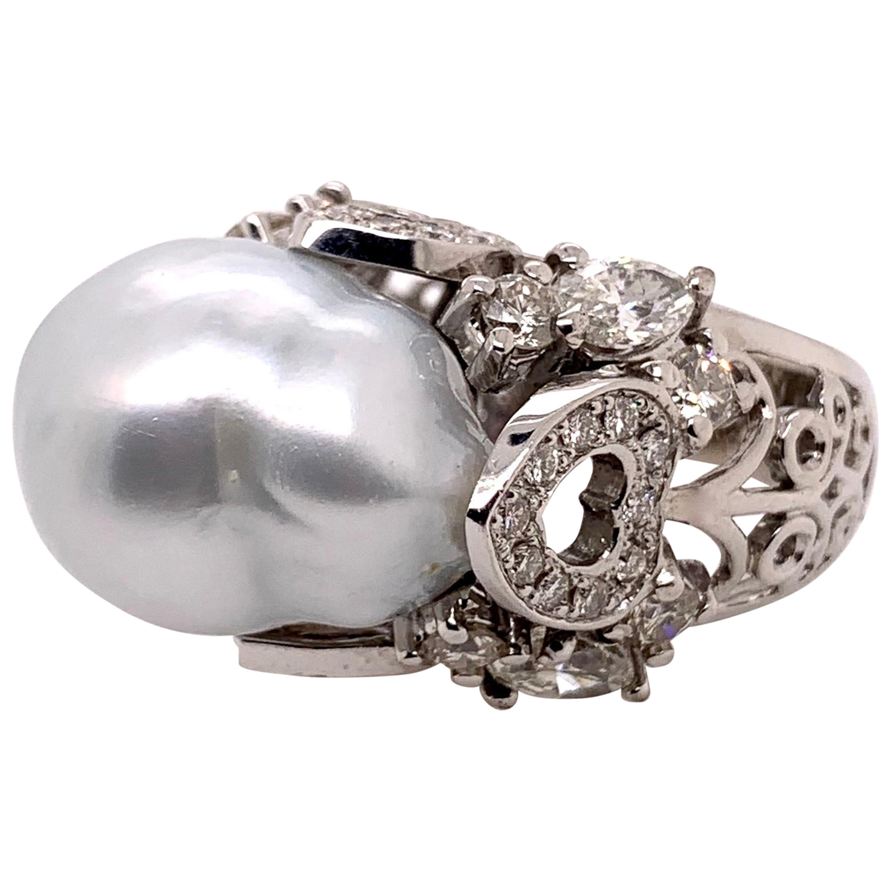 South Sea Baroque Pearl Ring in an Elaborate Chunky Diamond White Gold Setting For Sale