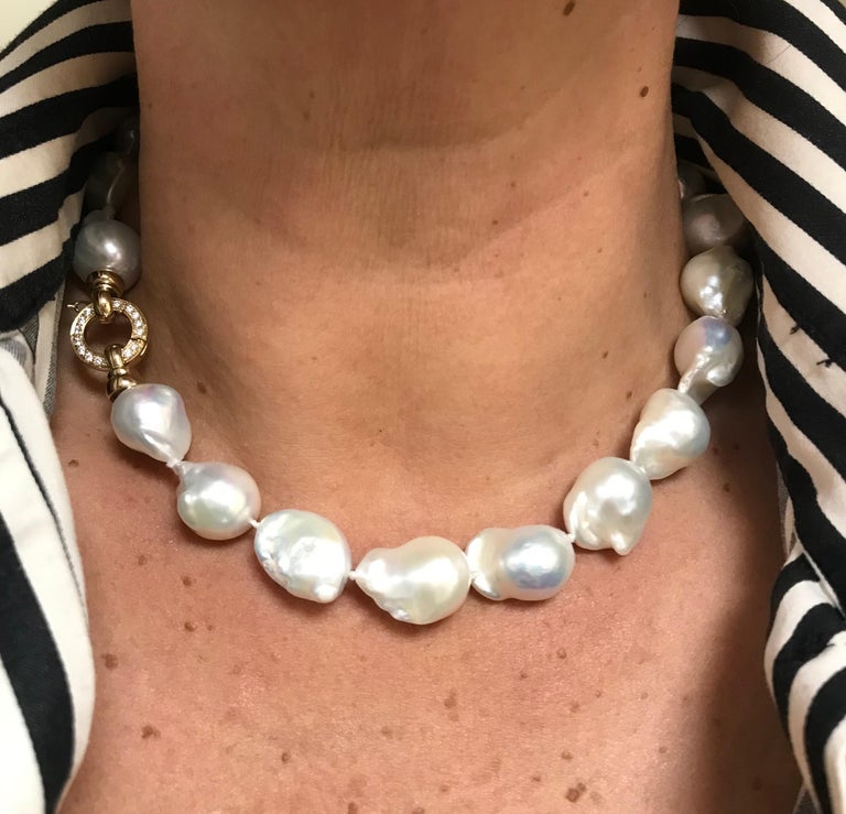 South Sea Baroque Pearl with Yellow Gold and Diamond Necklace at 1stDibs